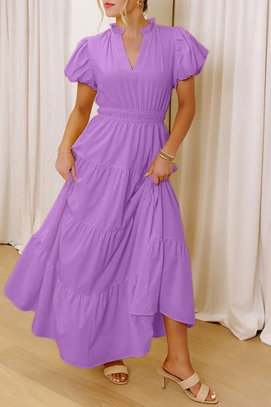 V-Neck Puff Sleeve High Waist Tiered Maxi Dress | 5 Colours | S–XL