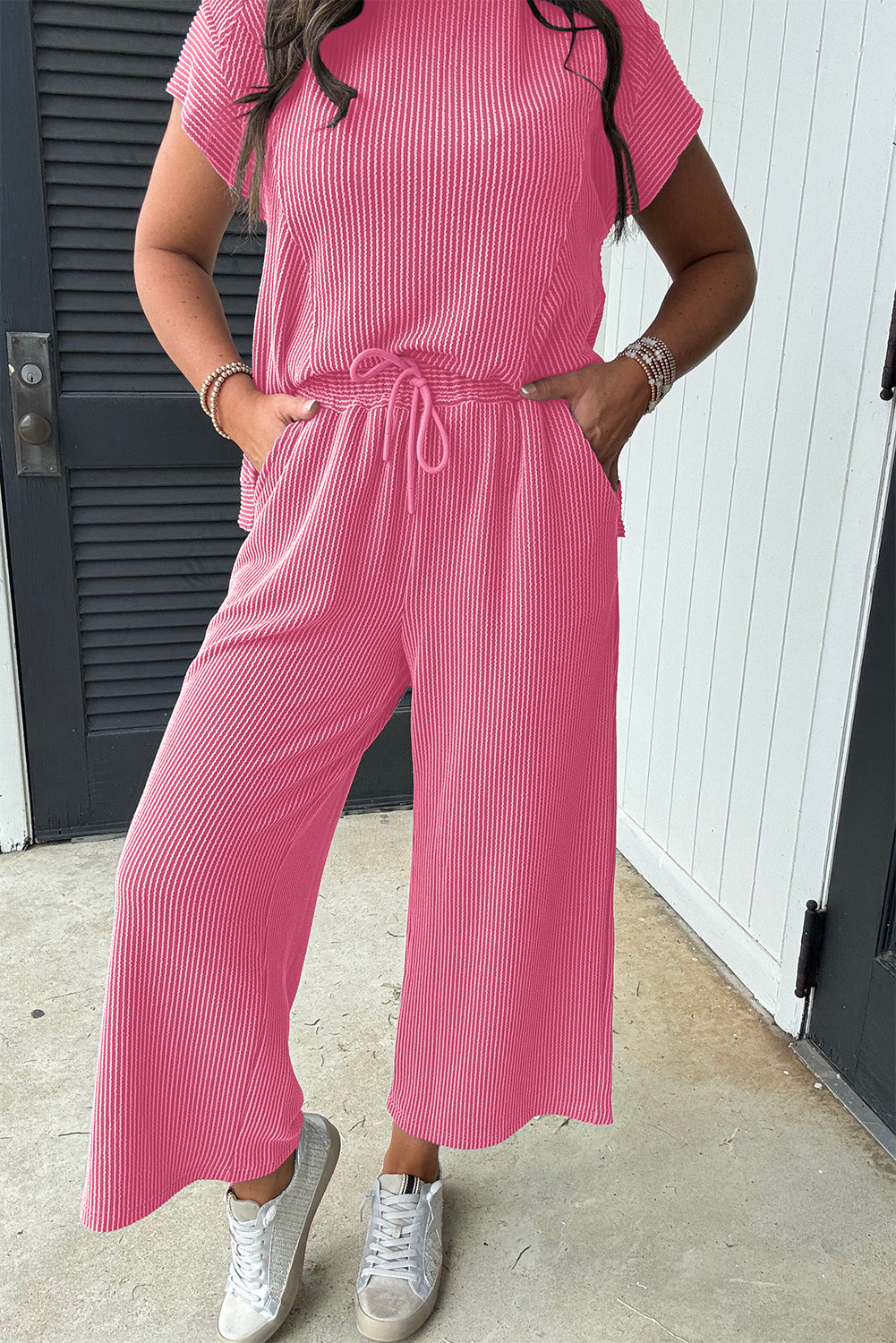 Corded Knit Short-Sleeve Tee & Wide-Leg Pants Set | Bright Pink