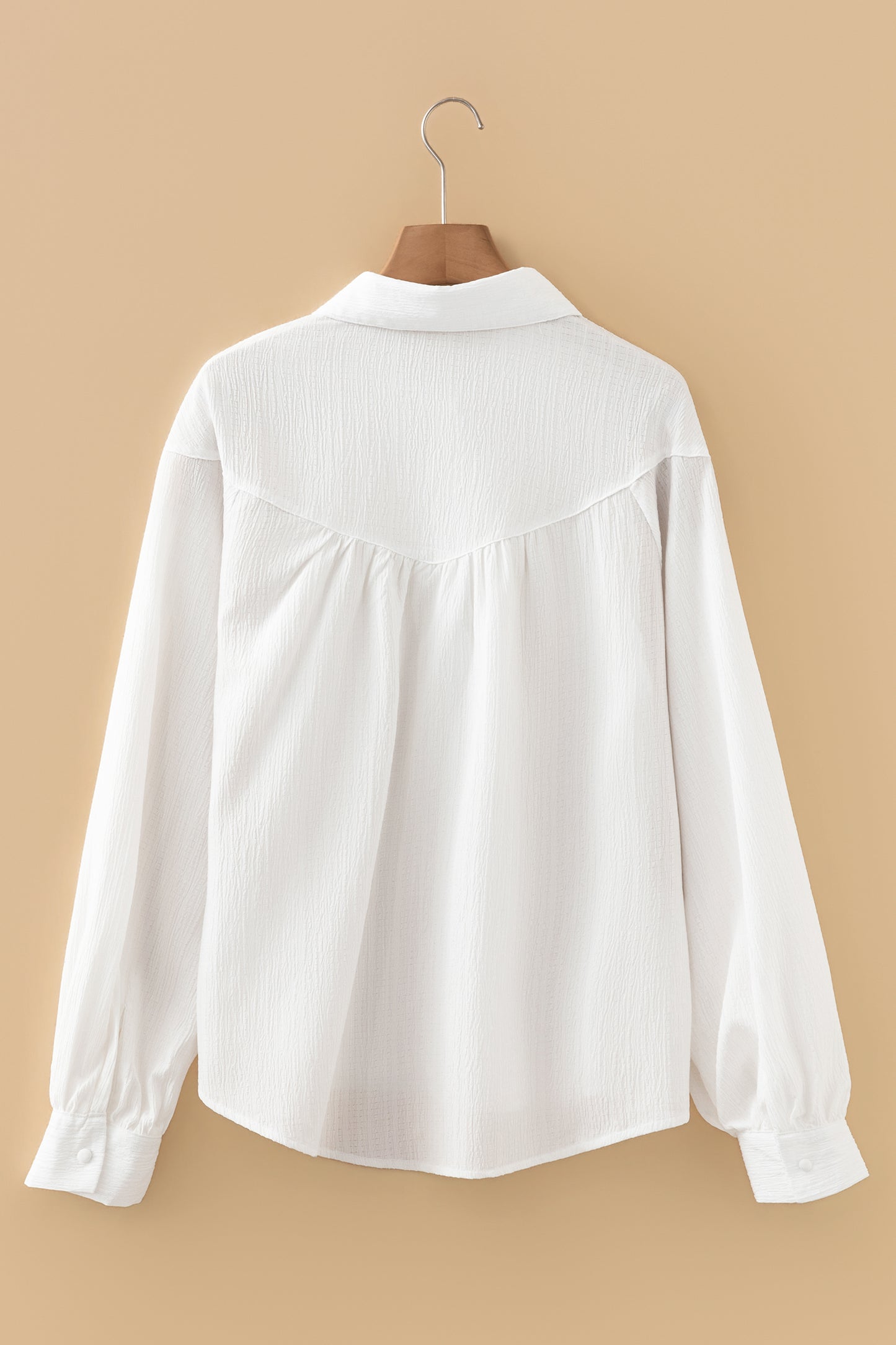 White Crinkle Texture Balloon Sleeve Button-Down Loose Shirt Women S–XL