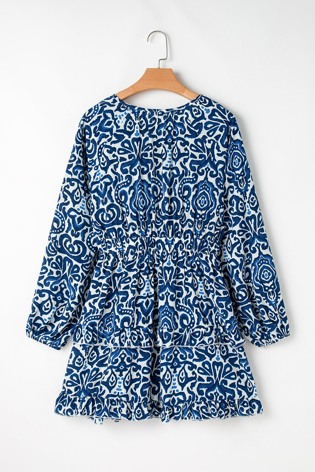 Blue Vintage Print Lace-Up V-Neck Long Sleeve Mini Dress