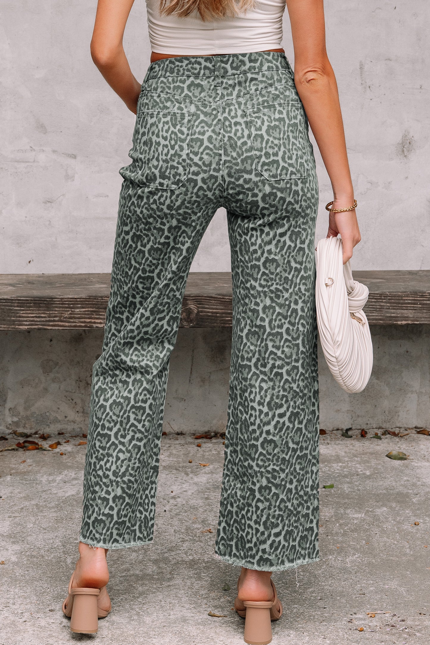Leopard Print Wide-Leg High-Waist Jeans with Frayed Hem | Grey, Dark Grey & Brown