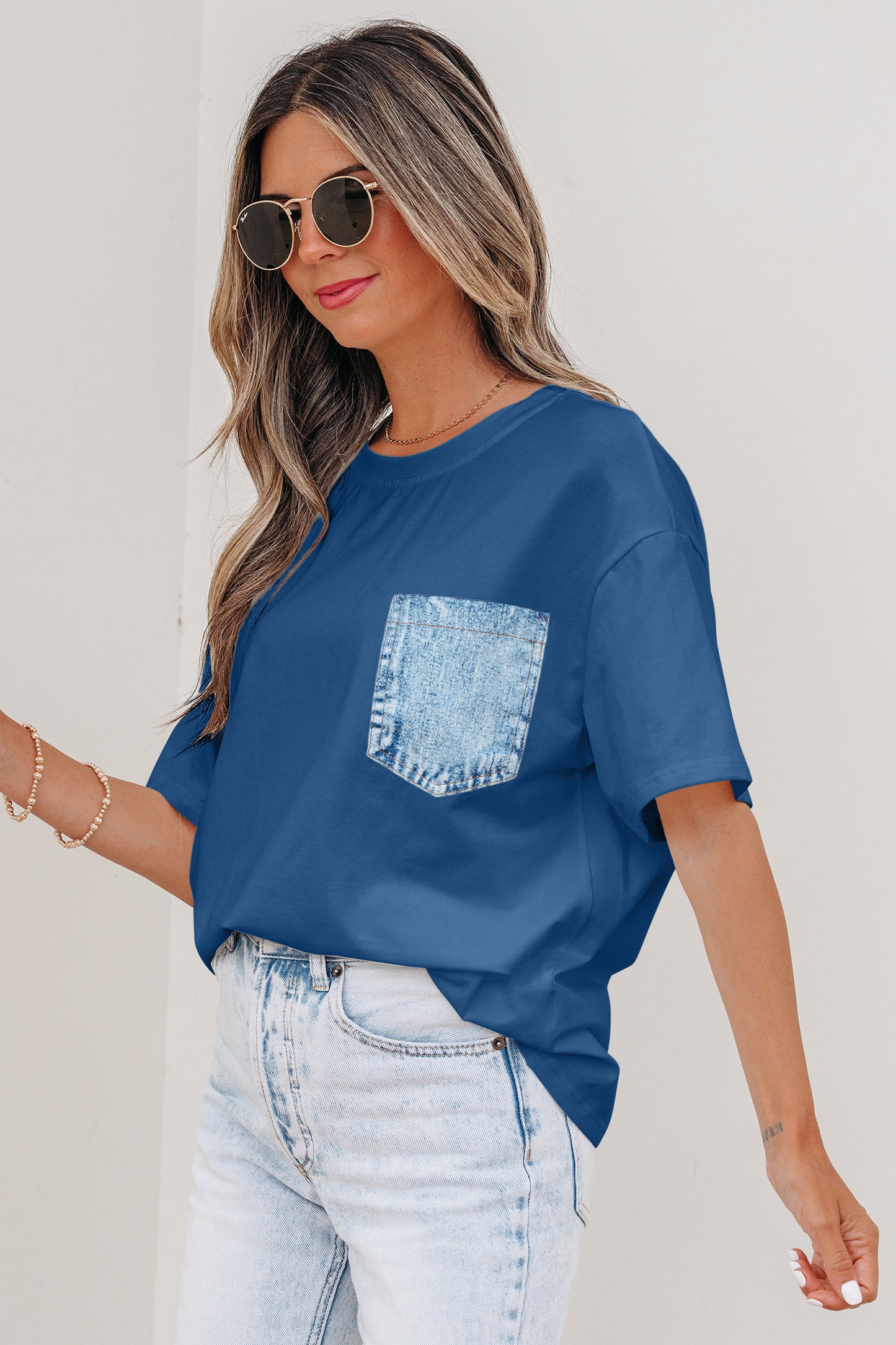 Color Block Short-Sleeve Top with Printed Patch Pocket | Sail Blue & White