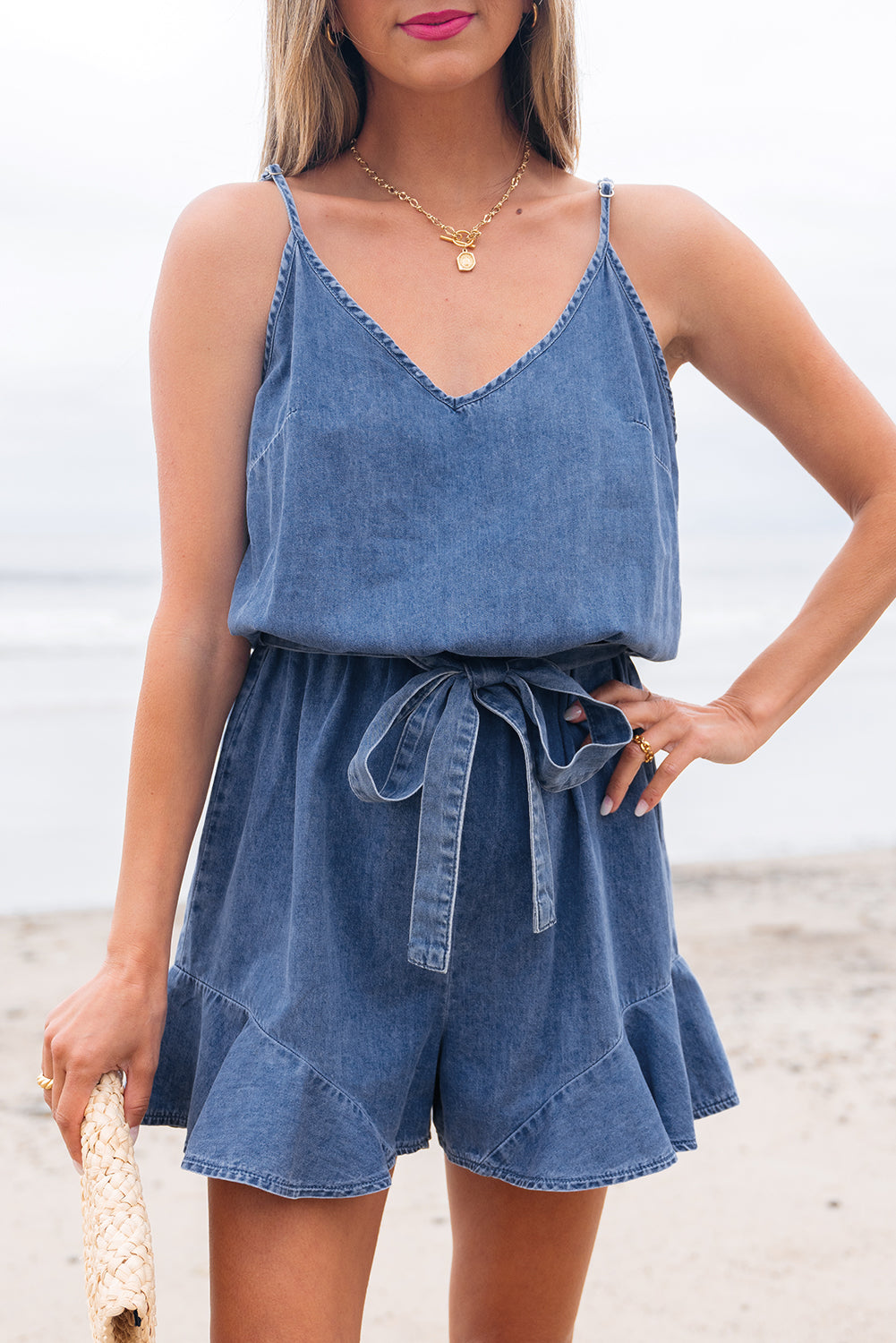 Ashleigh Blue Spaghetti Straps V-Neck Belted Ruffled Leg Chambray Romper
