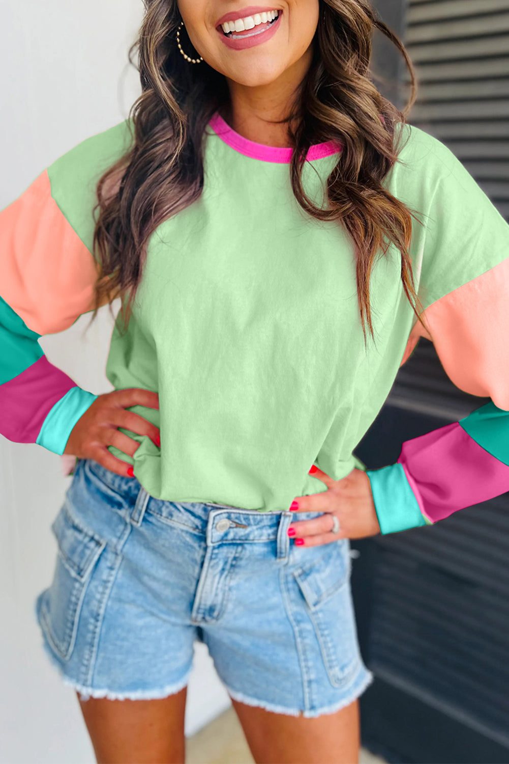 Colorblock Patchwork Long Sleeve Loose Top | Green