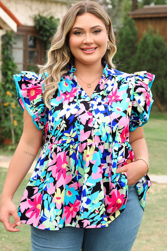 Floral Flutter Sleeve Tie Neck Blouse – Blue Plus Size 1X–4X