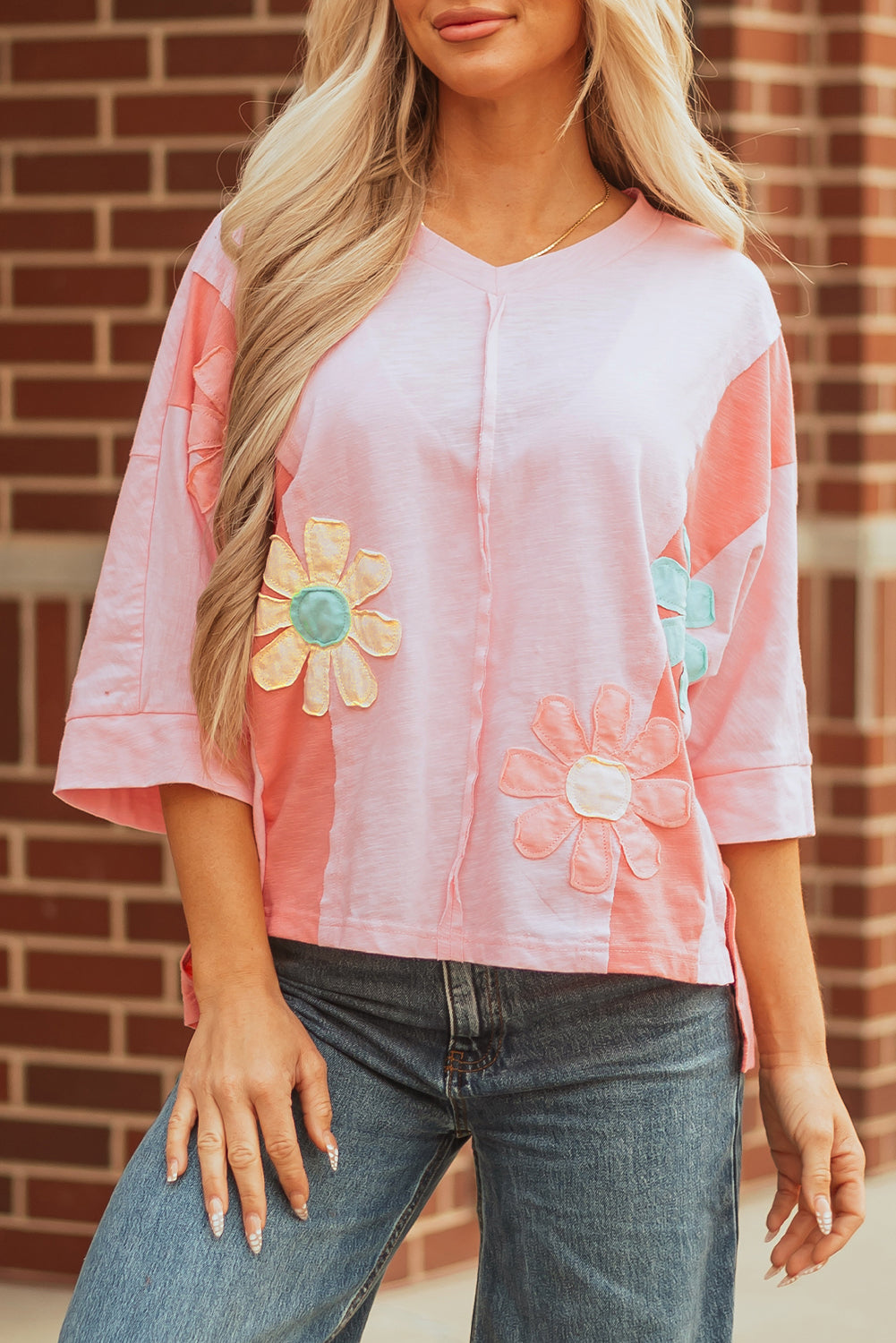 Flower Patched Exposed Seam Bracelet Sleeve Oversized T-Shirt