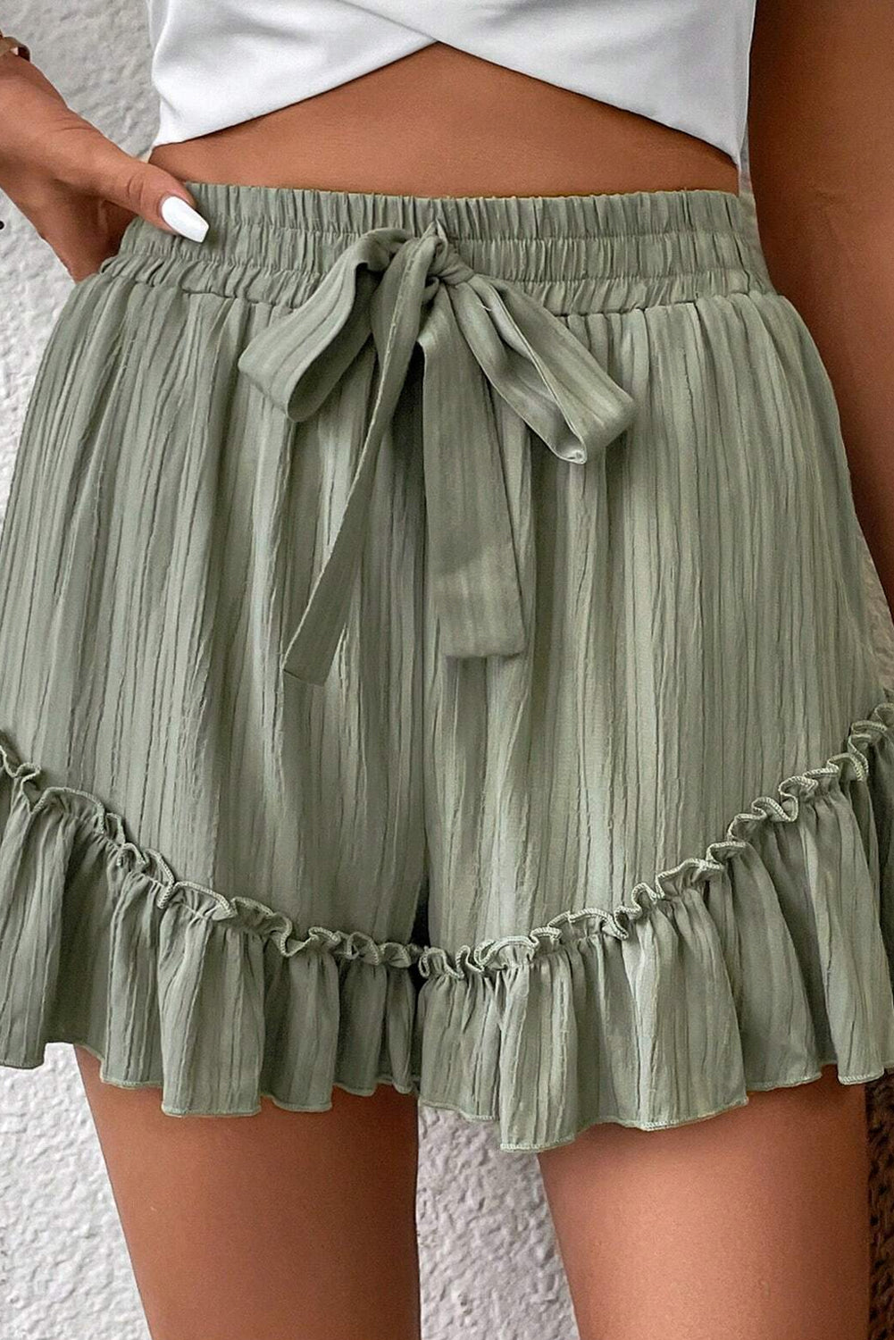 Earthy Green Textured Tie Waist Ruffle Hem Shorts