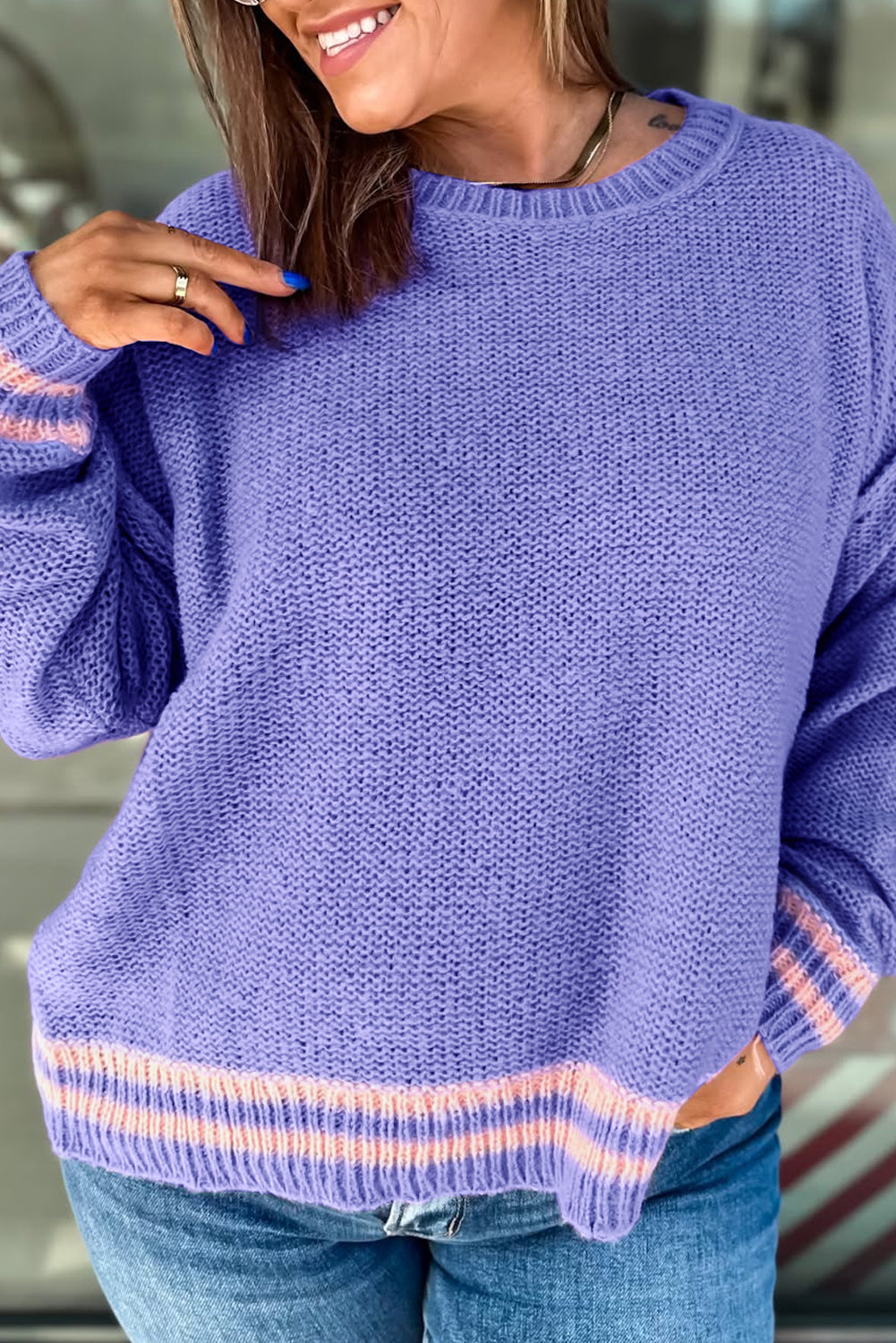 Striped Trim Drop Shoulder Knit Loose Sweater | Plus Size | Lavender | 1X–4X