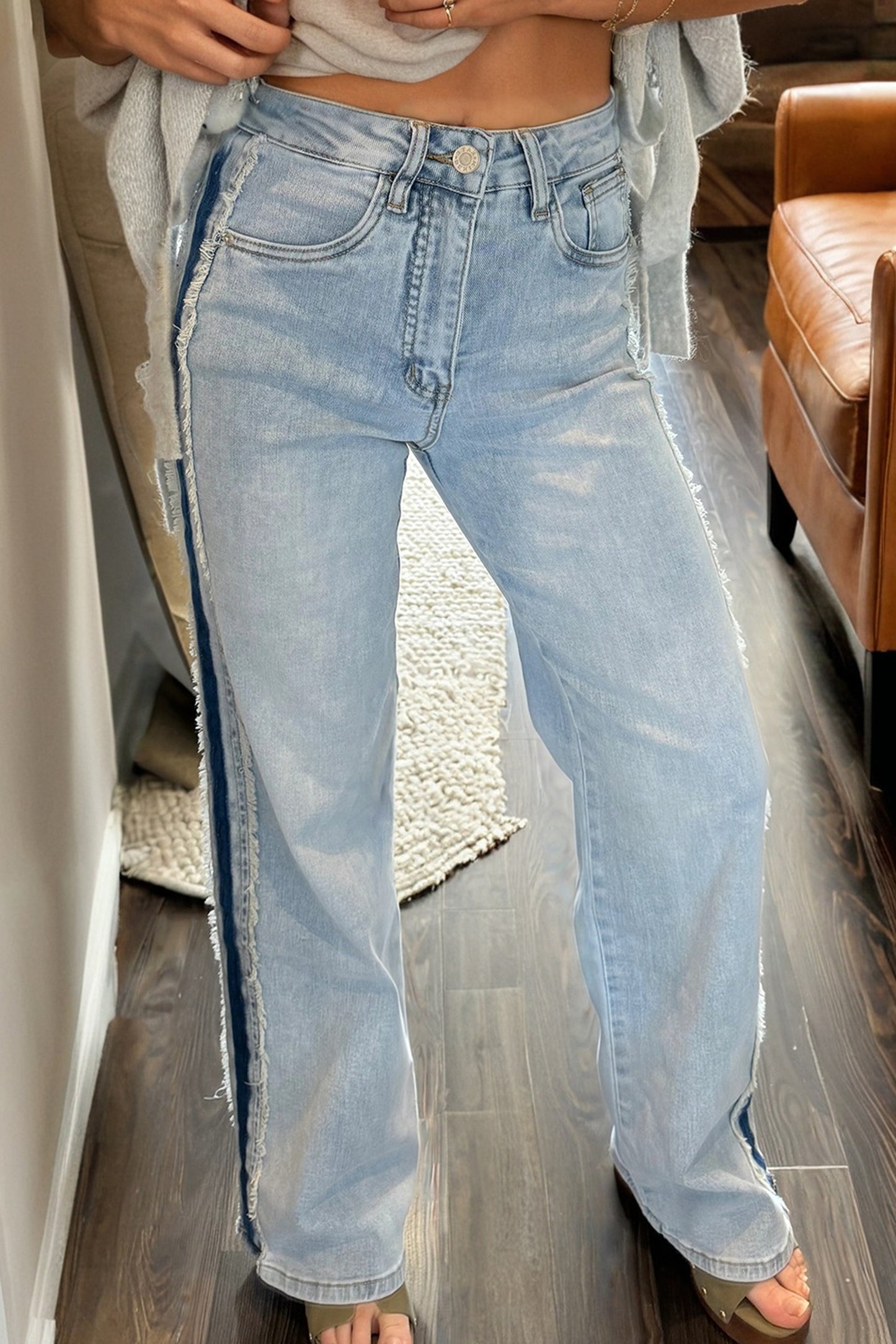 Blue Contrast Stripe Frayed Side Panel Patchwork Shift Jeans
