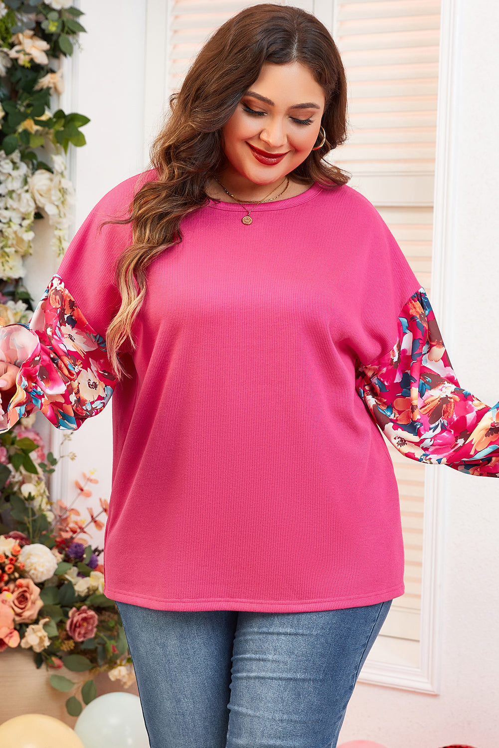 Floral Patchwork Flounce Sleeve Ribbed Knit Top – Bright Pink Plus Size 1X–4X