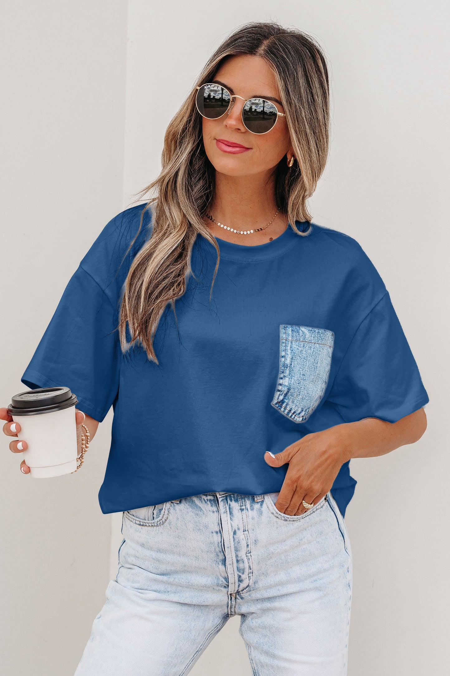 Color Block Short-Sleeve Top with Printed Patch Pocket | Sail Blue & White