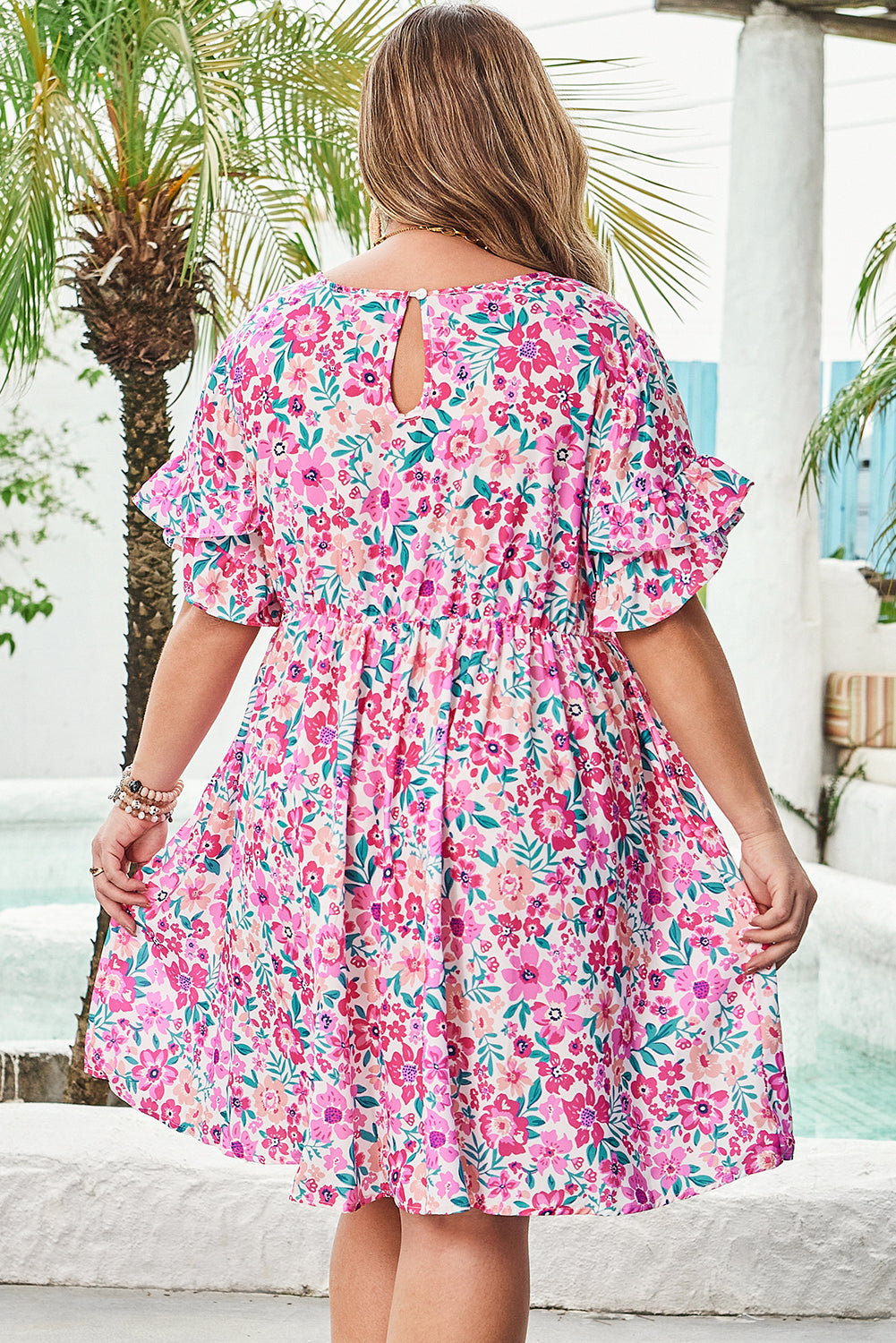 Plus Size Pink Floral Babydoll Flare Dress with Pockets Women 1X–4X