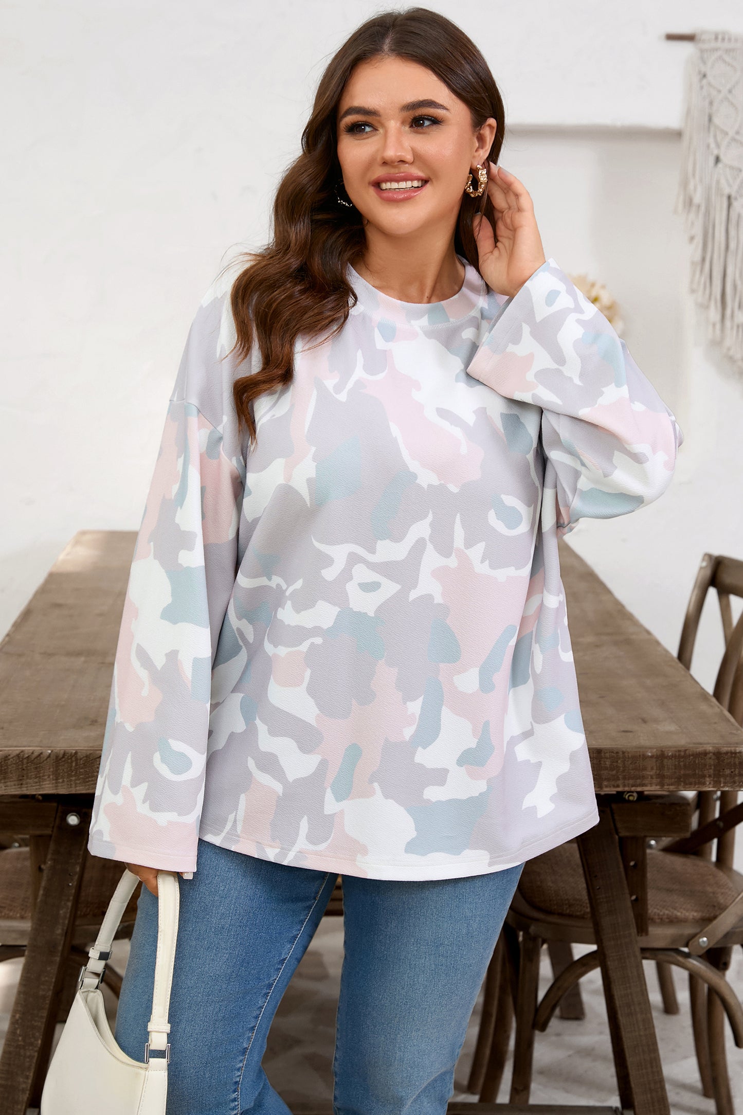 Pastel Camo Drop Shoulder Loose Pullover Top | Plus Size | 1X–4X