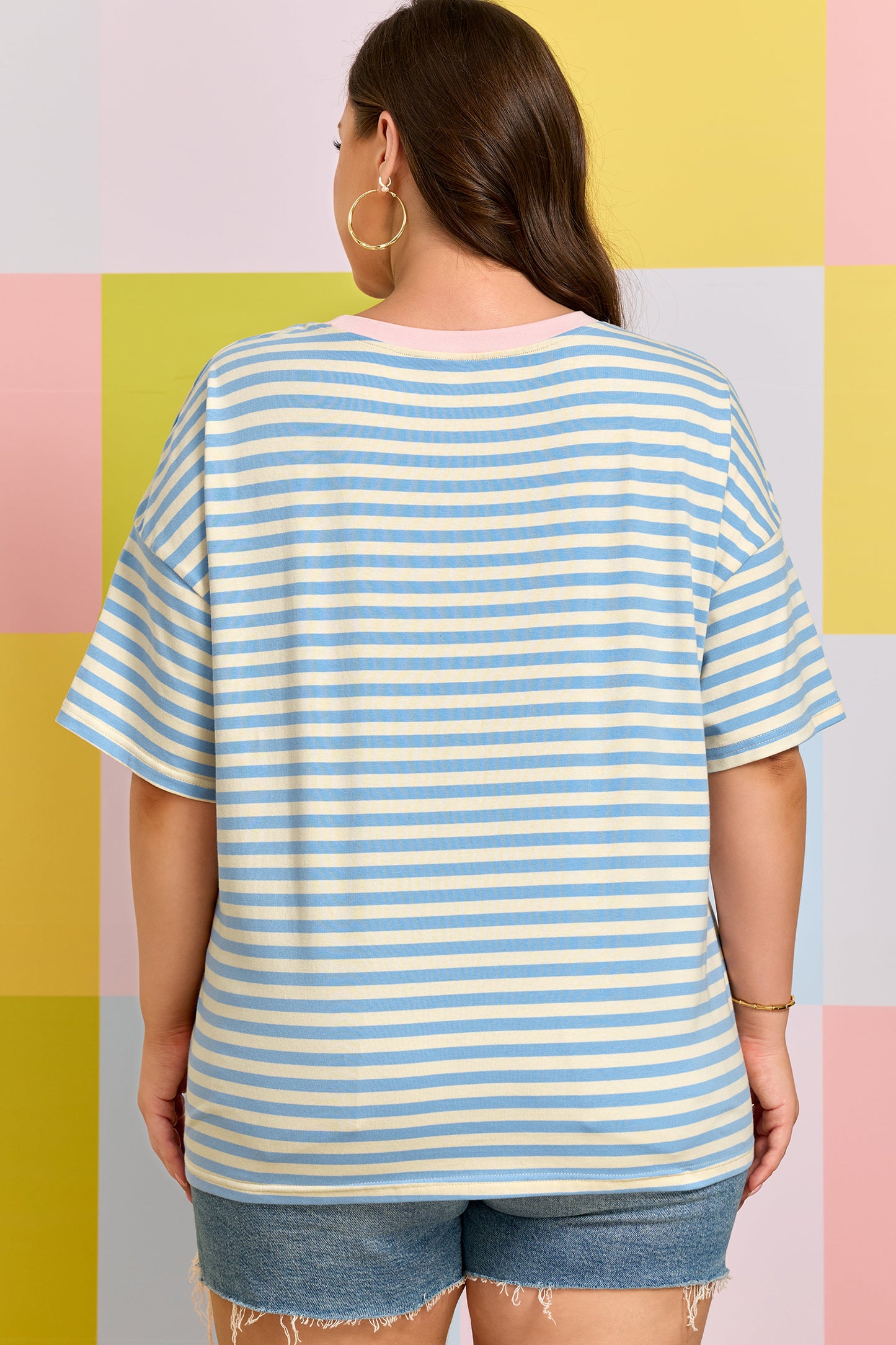 Plus Size Blue Stripe Drop Shoulder Tee Women 1X–4X