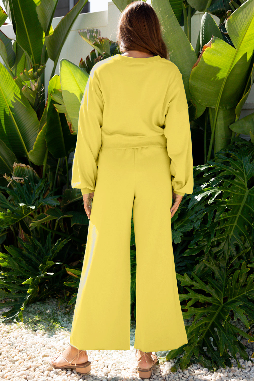 Drop Shoulder Puff Sleeve Crop Pullover & Wide Leg Pants Set