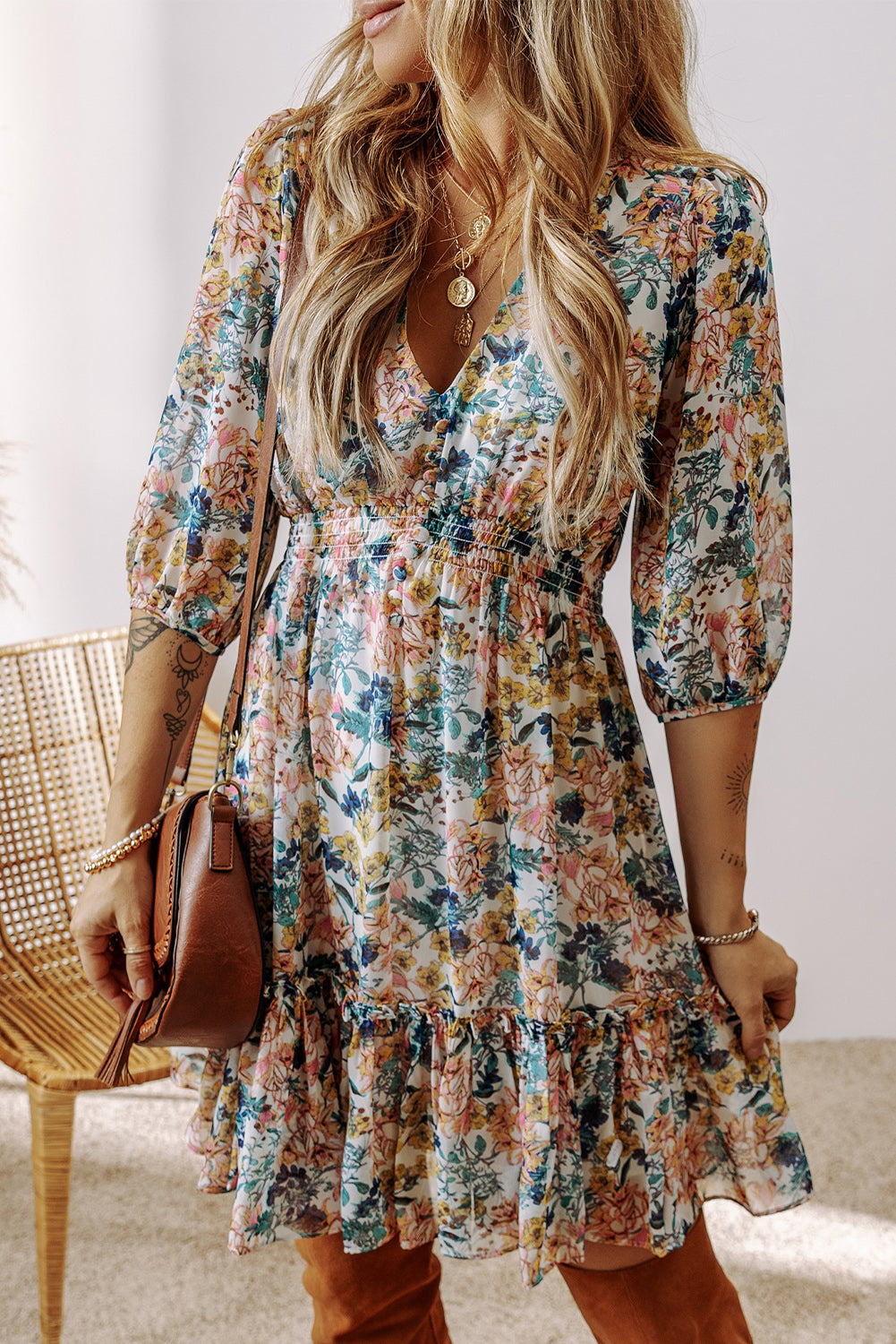 Floral 3/4 Sleeve V-Neck High Waist Ruffled Dress – Sky Blue Women S–XL