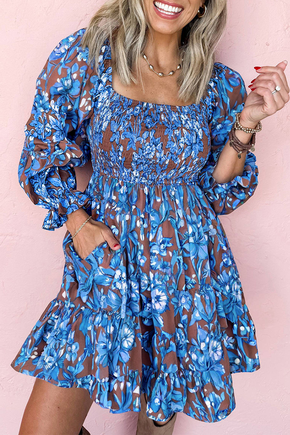Smocked Bodice High Waist Ruffle Sleeve Floral Dress