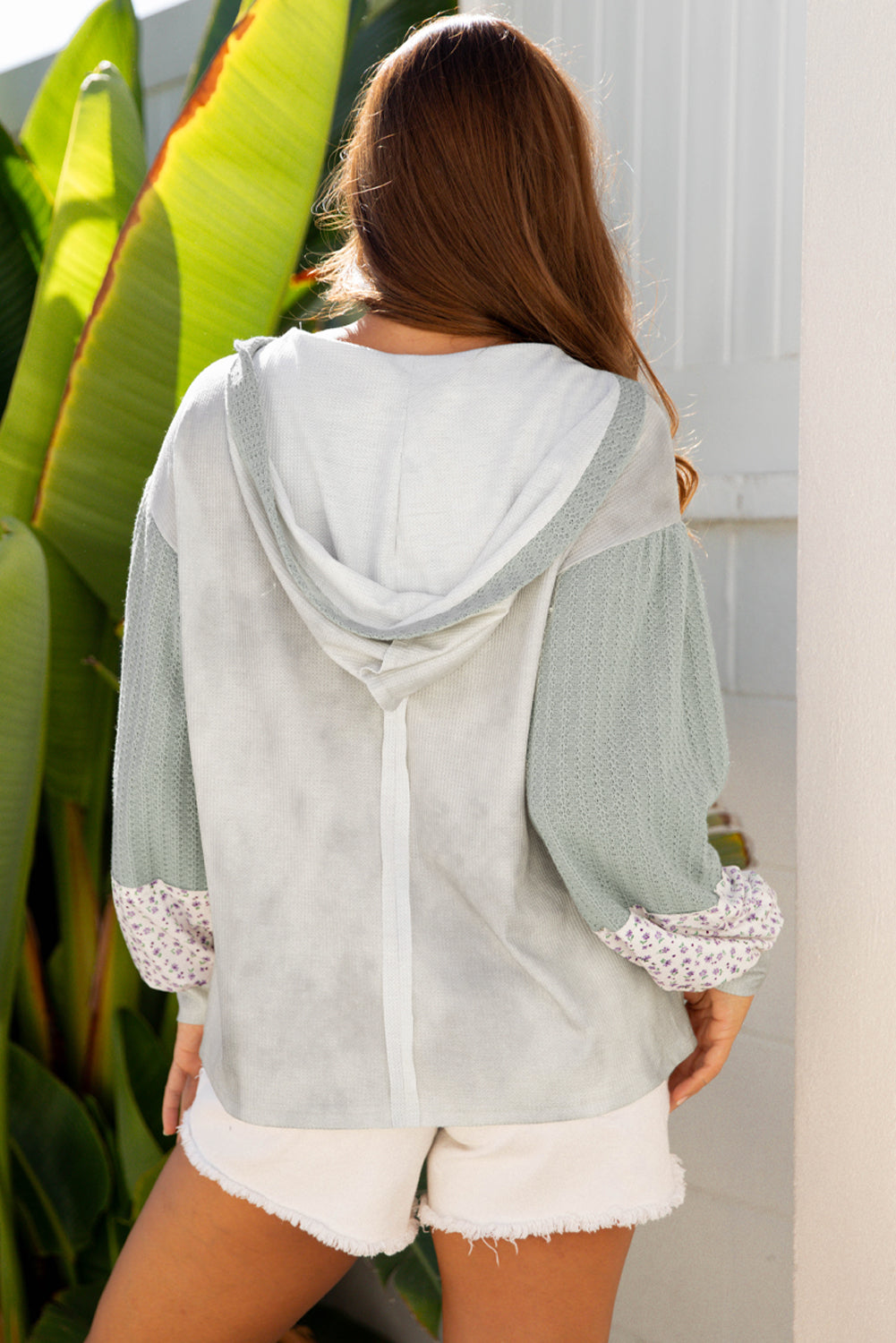 Floral Patch Waffle Texture Colorblock V-Neck Hoodie Top