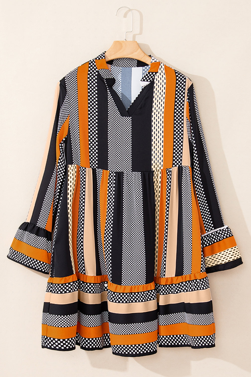 Black Striped Polka Dot Print Ruffled Hem V-Neck Mini Dress
