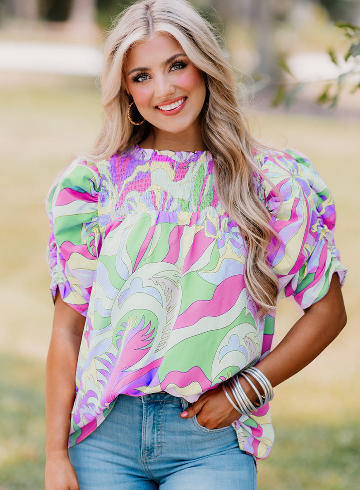 Mint Green Abstract Print Bubble Sleeve Smocked Neckline Blouse | S–XL