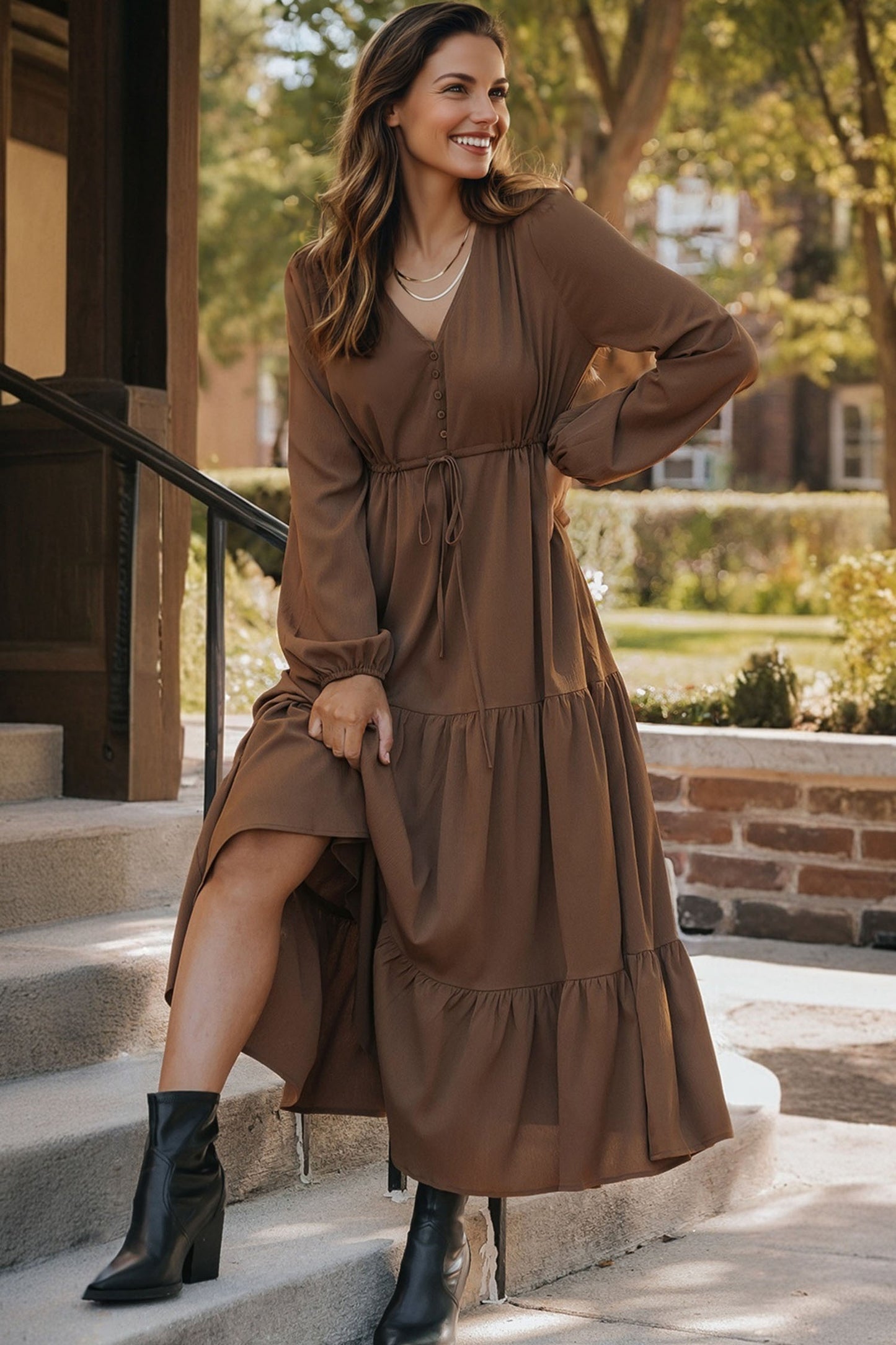 Solid Long Sleeve Button V-Neck Tiered Drawstring Waist Maxi Dress