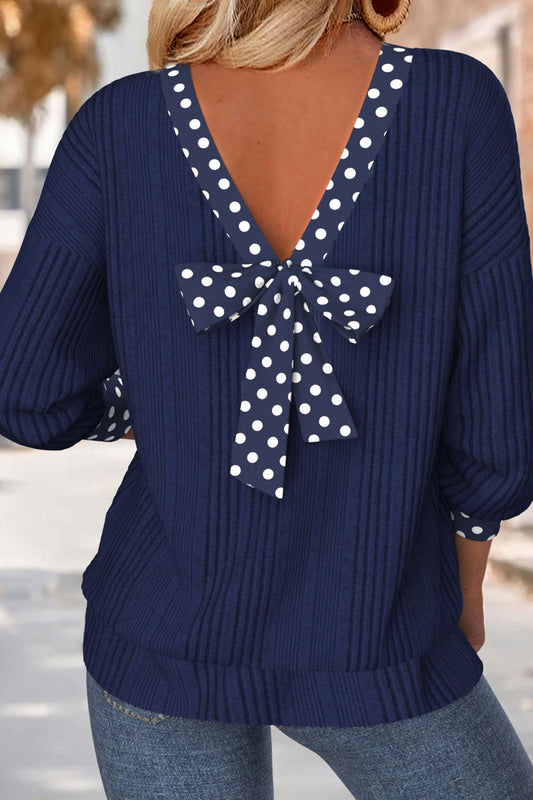 Navy Blue Polka Dot Trim V-Neck Back Bow Ribbed Long Sleeve Top | S–XL