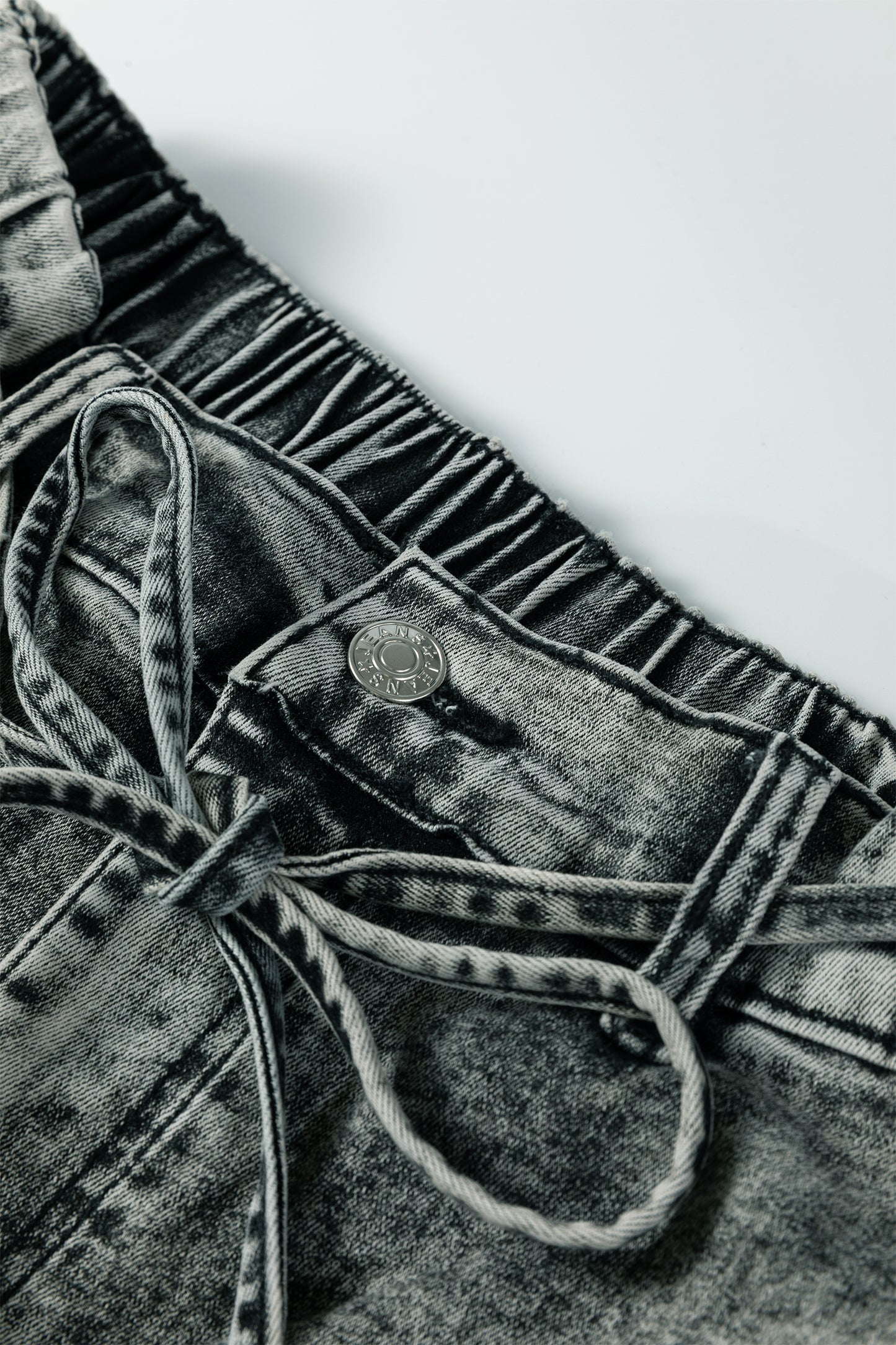 Gray Acid Wash Relaxed Fit Cropped Drawstring Denim Jeans
