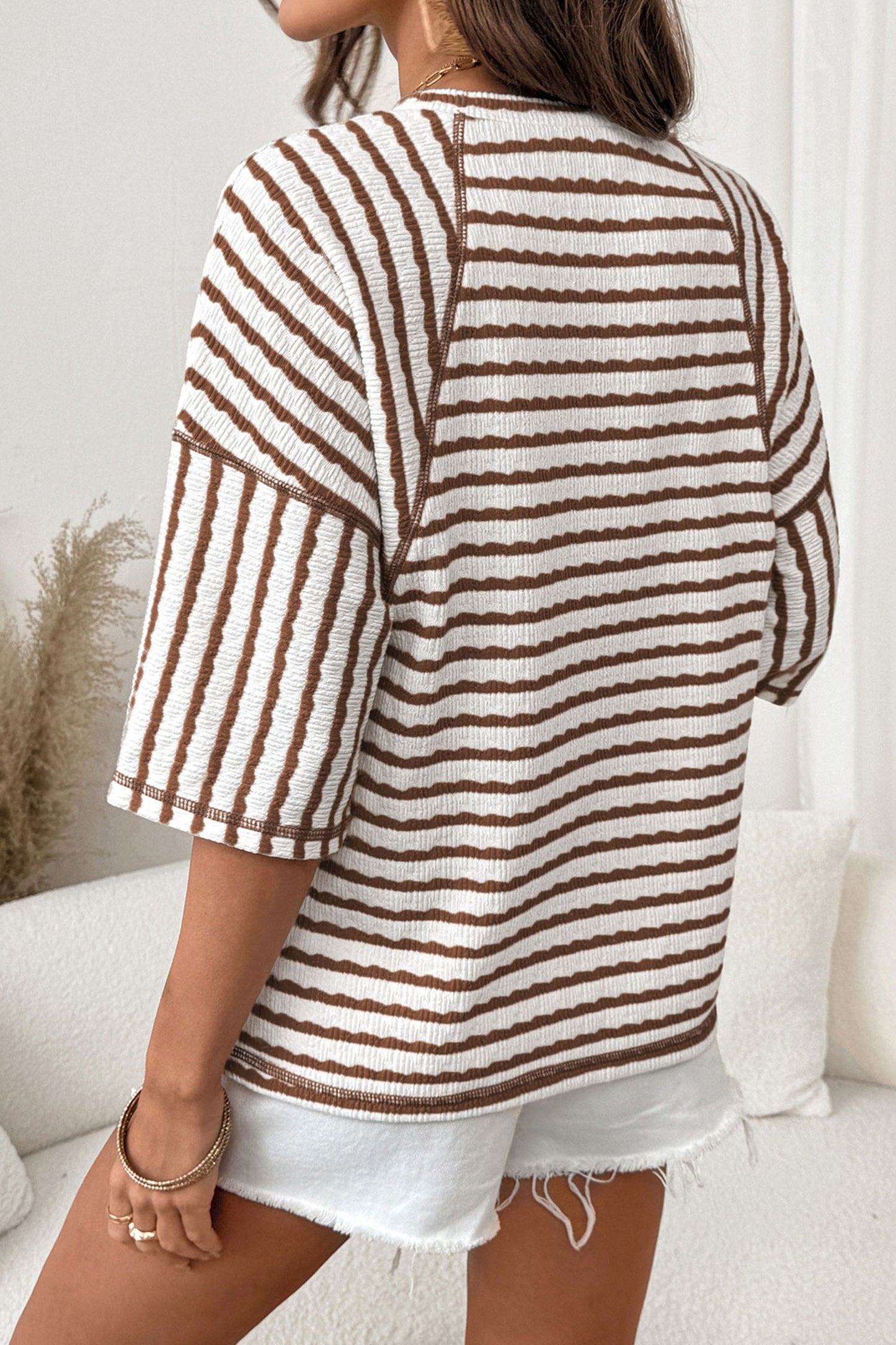 Textured Knit Split Hem Half Sleeve Loose Top | S–2XL | Blue Stripe & Brown Stripe