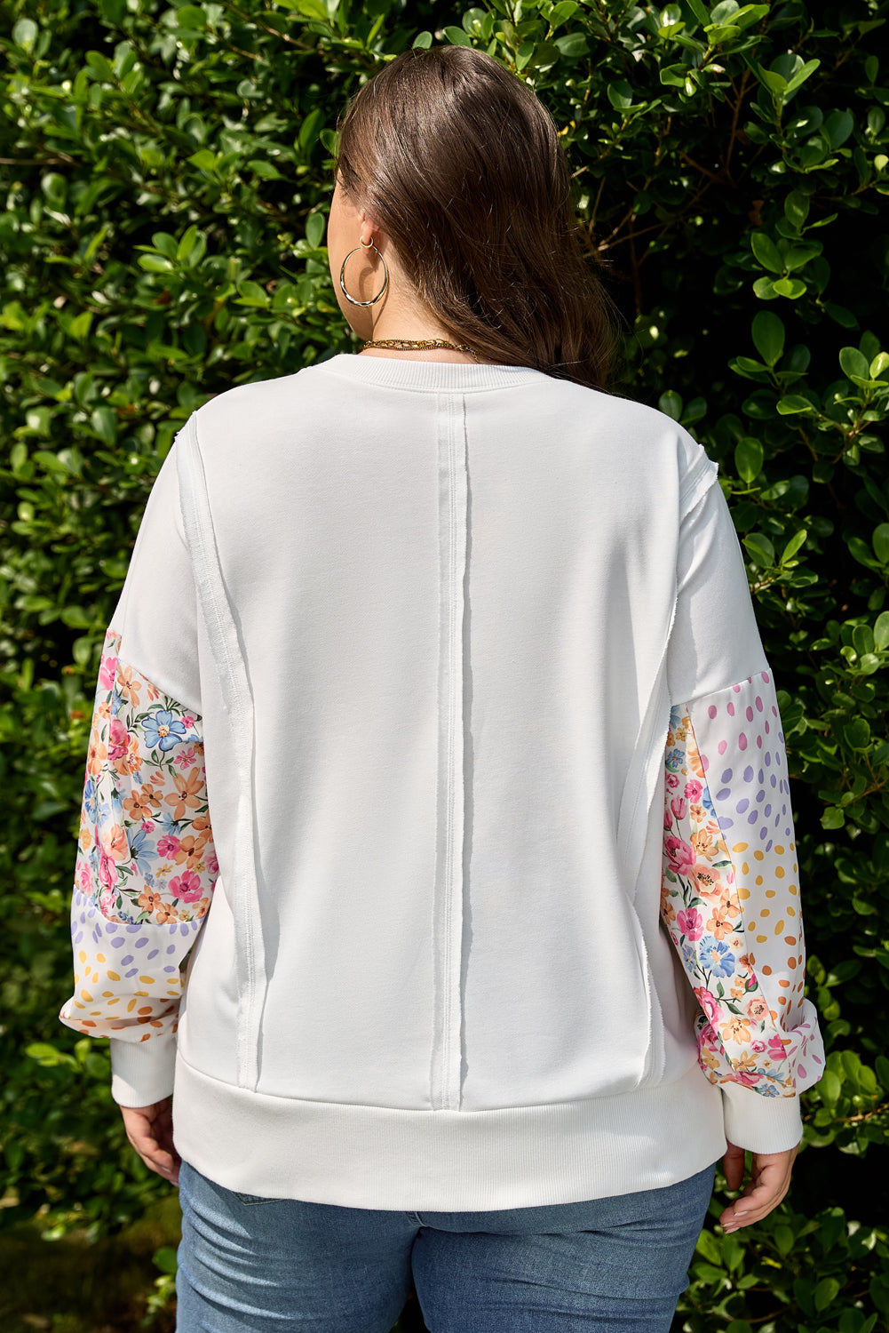 Floral Patchwork Sleeve Sweatshirt | Plus Size | White | 1X–4X