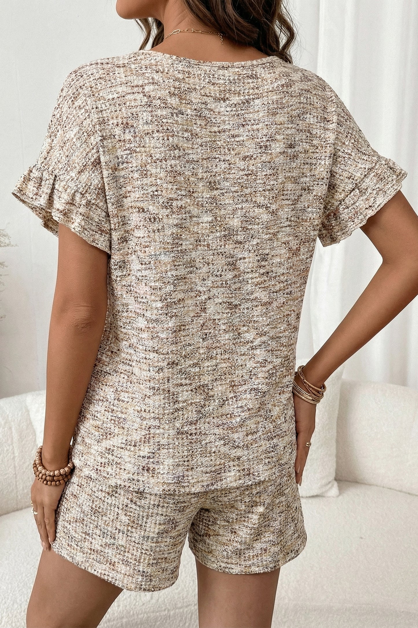 Khaki Heather Textured Ruffle Sleeve Top & Drawstring Shorts Set