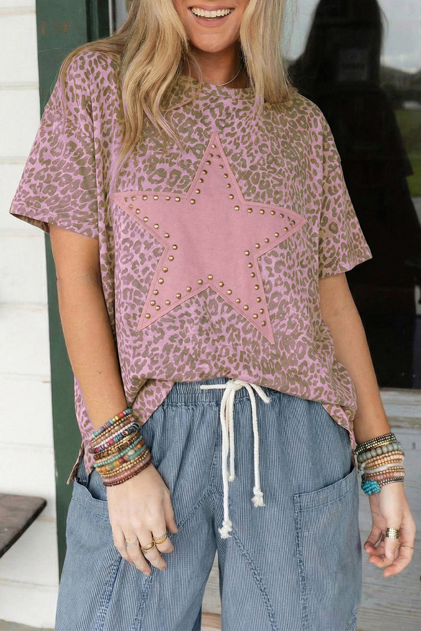 Leopard Print Retro Tee Studded Star Patch Loose Fit Women S–XL