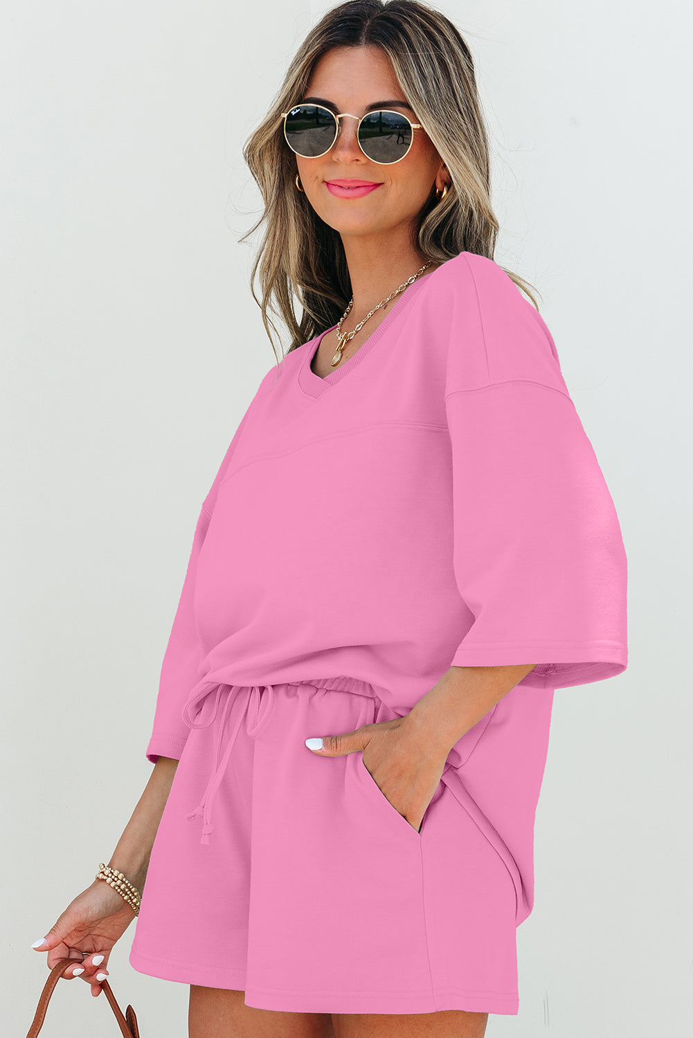 Loose V-Neck Half Sleeve Tee Drawstring Shorts Set