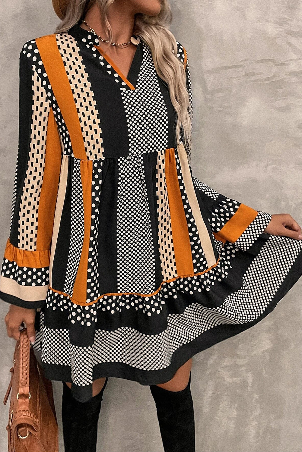 Black Striped Polka Dot Print Ruffled Hem V-Neck Mini Dress