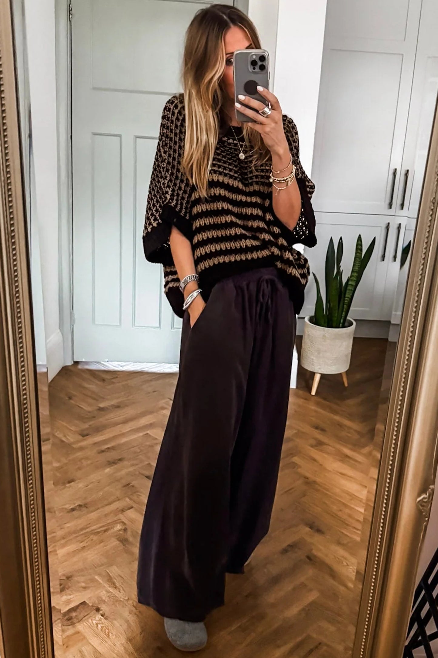 Striped Slouchy Sweater with 3/4 Draped Sleeves | Black Stripe