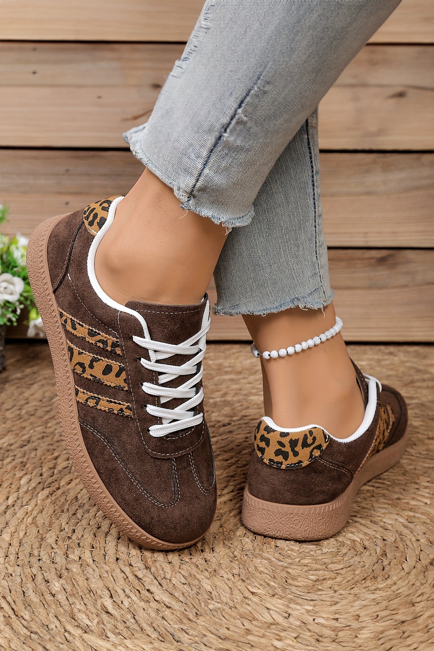 Leopard Patchwork Faux Suede Lace-Up Sneakers | Coffee