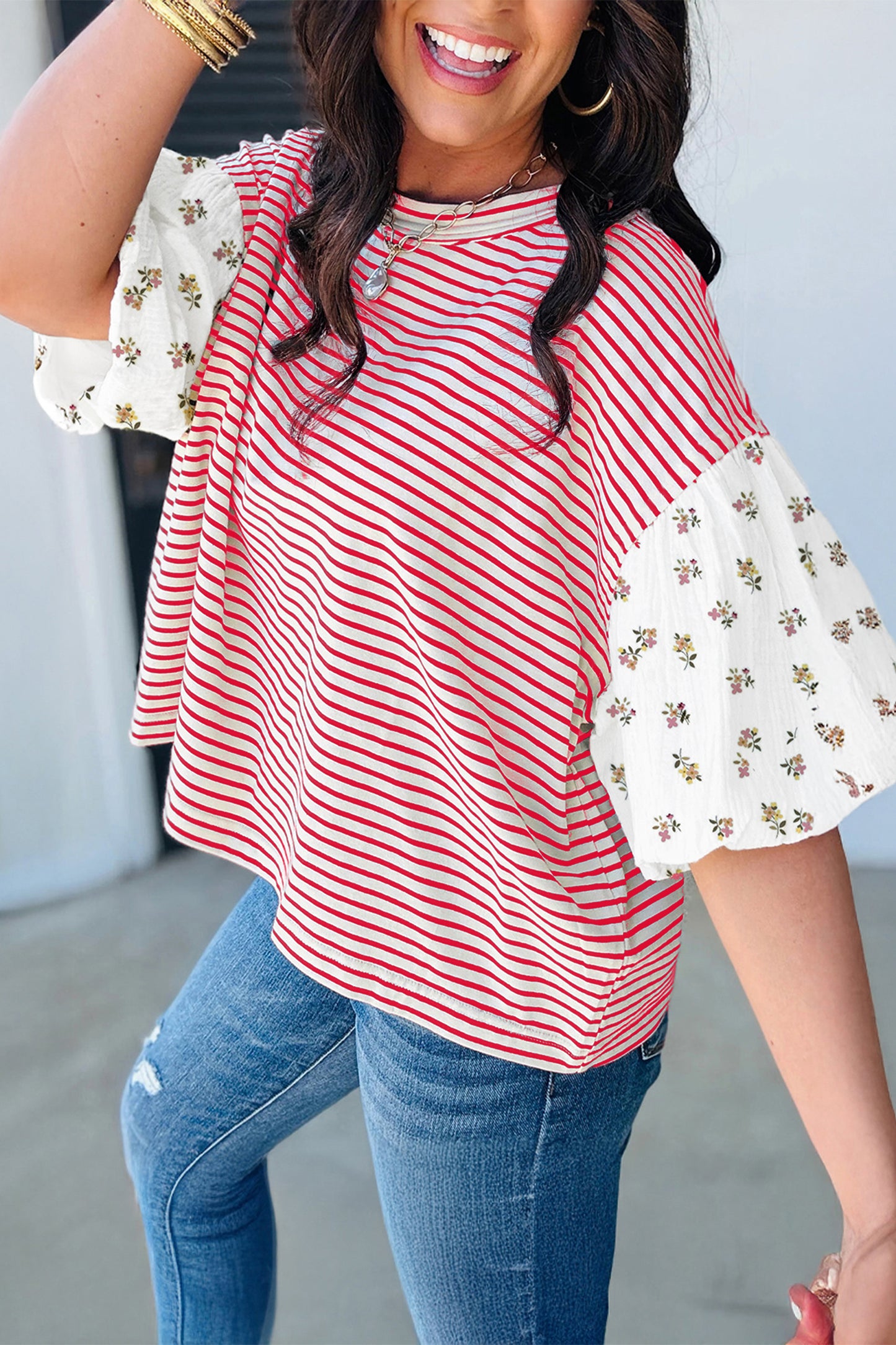 Striped Floral Puff Sleeve Top Women S–XL