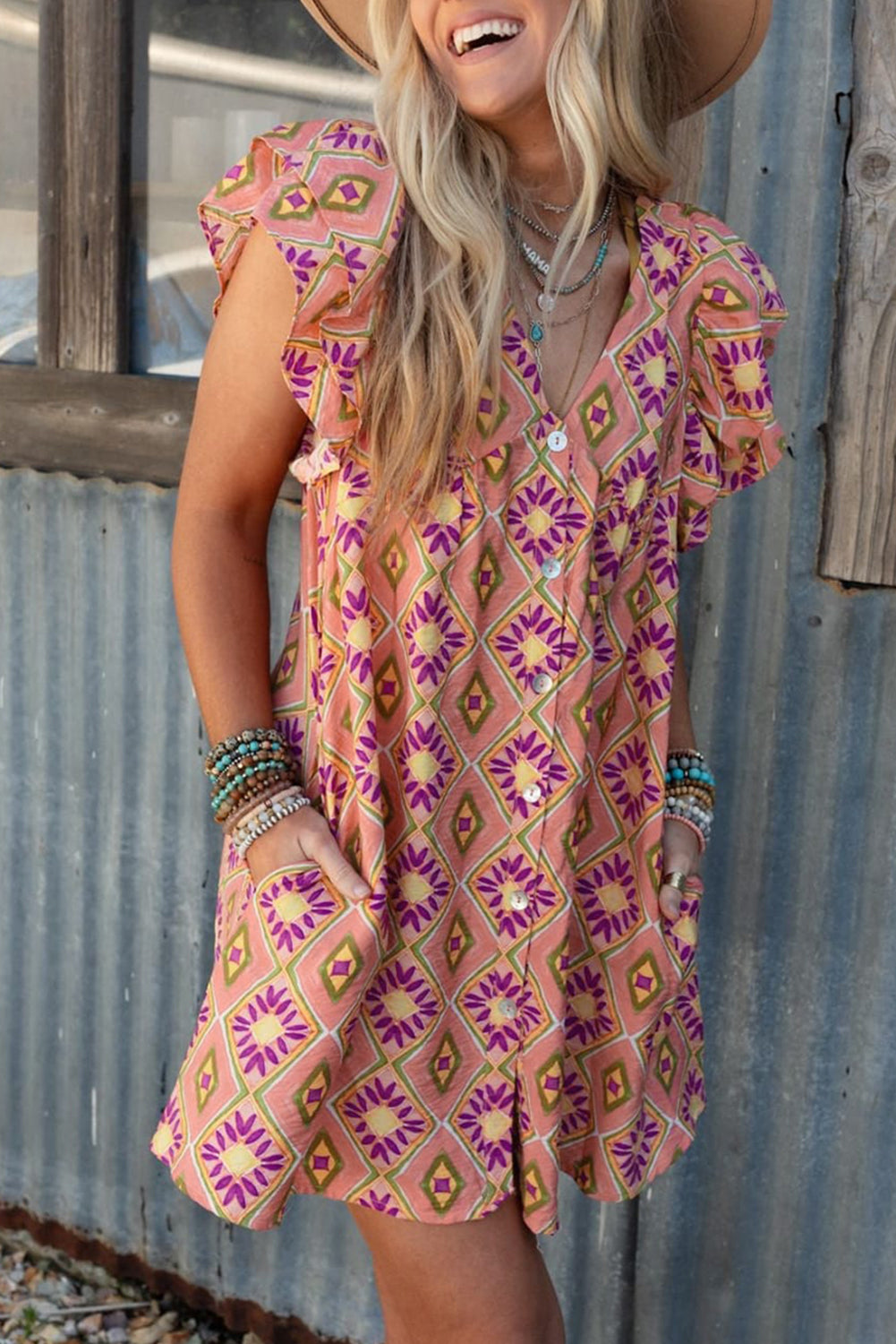 Apricot Geometric Floral V-Neck Buttoned Ruffled Sleeve Mini Dress