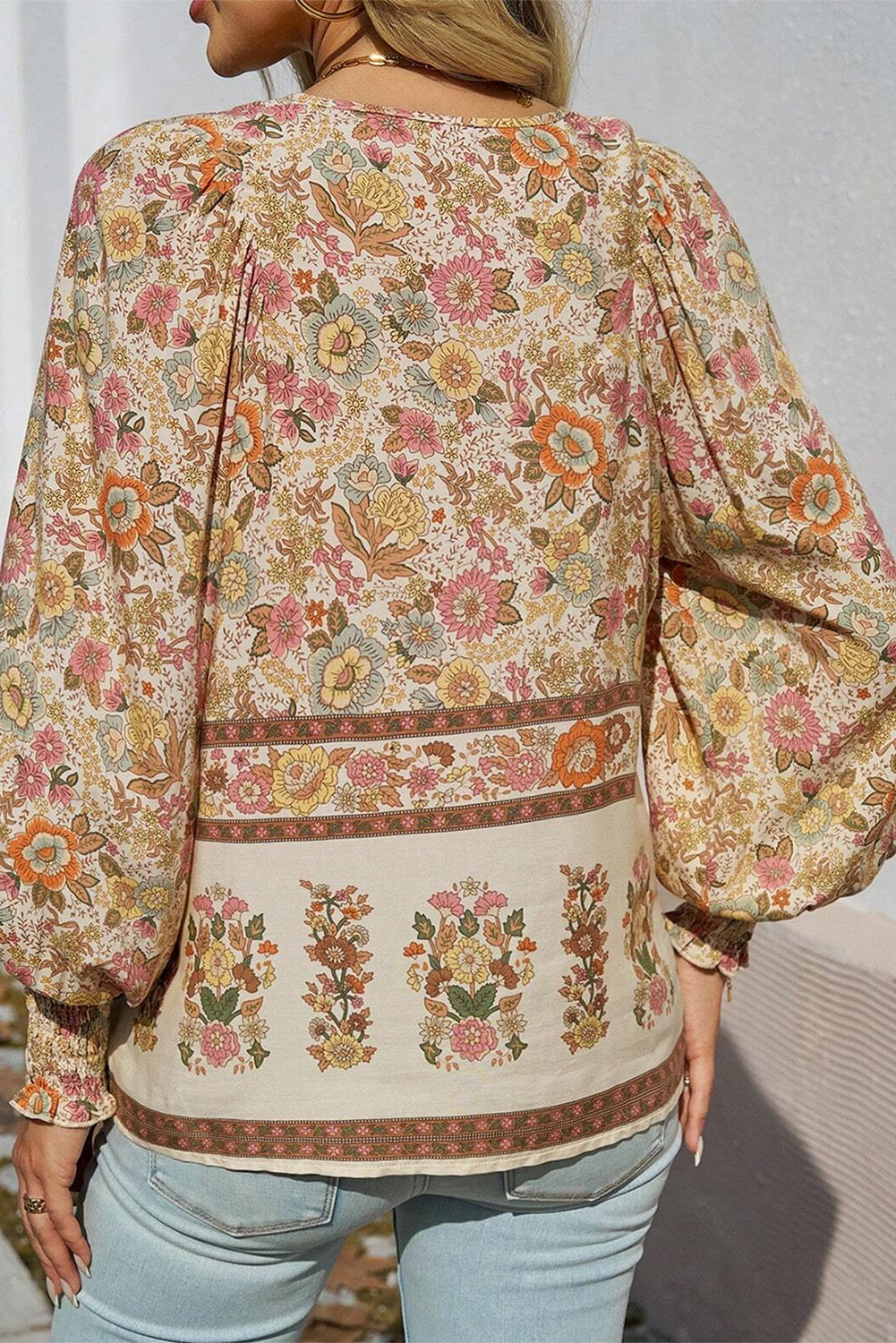 khaki Floral Print Tie Neck Lantern Sleeve Blouse