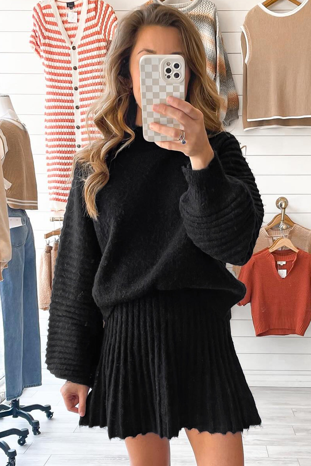 Black & Tan High Neck Puff Sleeve Sweater Pleated Mini Skirt 2-Piece Knit Set