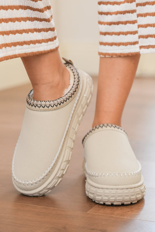 White Contrast Stitch Plush Lined Platform Clogs