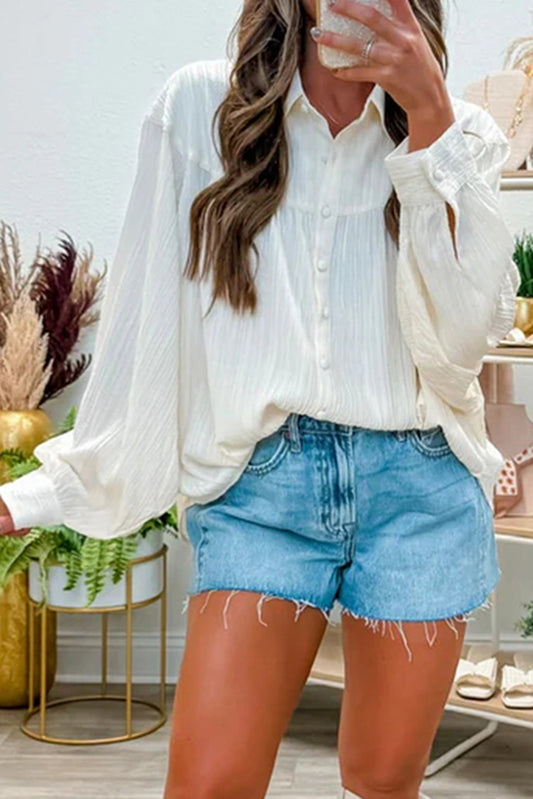 White Crinkle Texture Balloon Sleeve Button-Down Loose Shirt Women S–XL