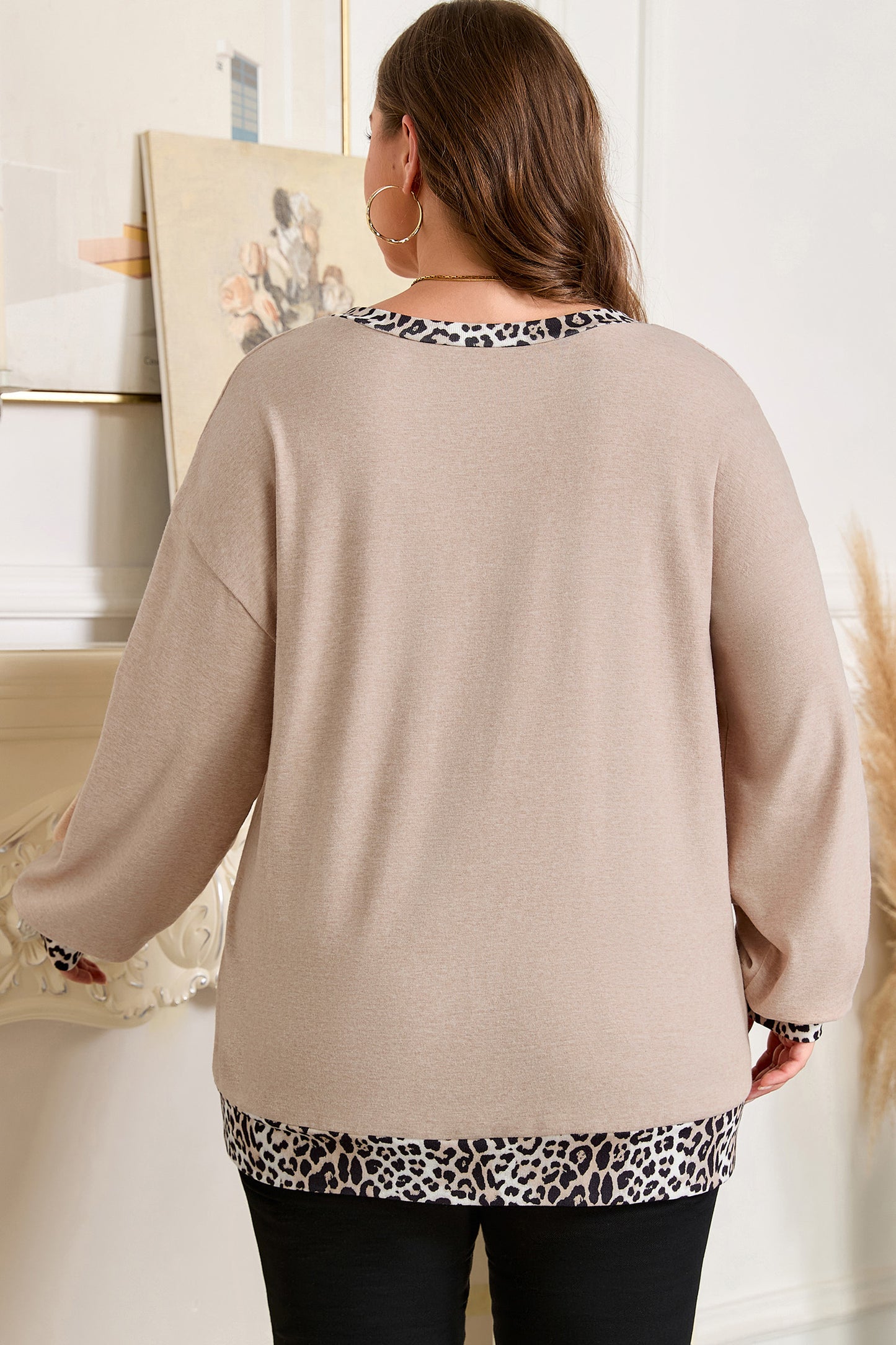 Leopard Trim V-Neck Long Sleeve Top – Khaki Plus Size 1X–4X