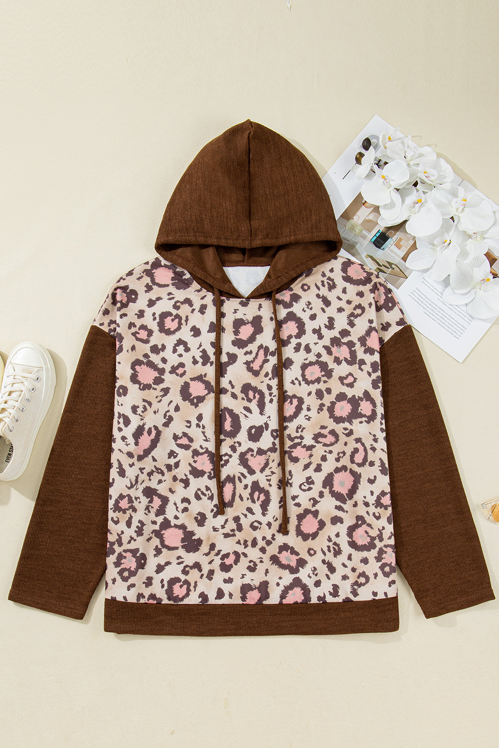 Leopard Print Knit Patchwork Hoodie | Plus Size | Brown | 1X–4X