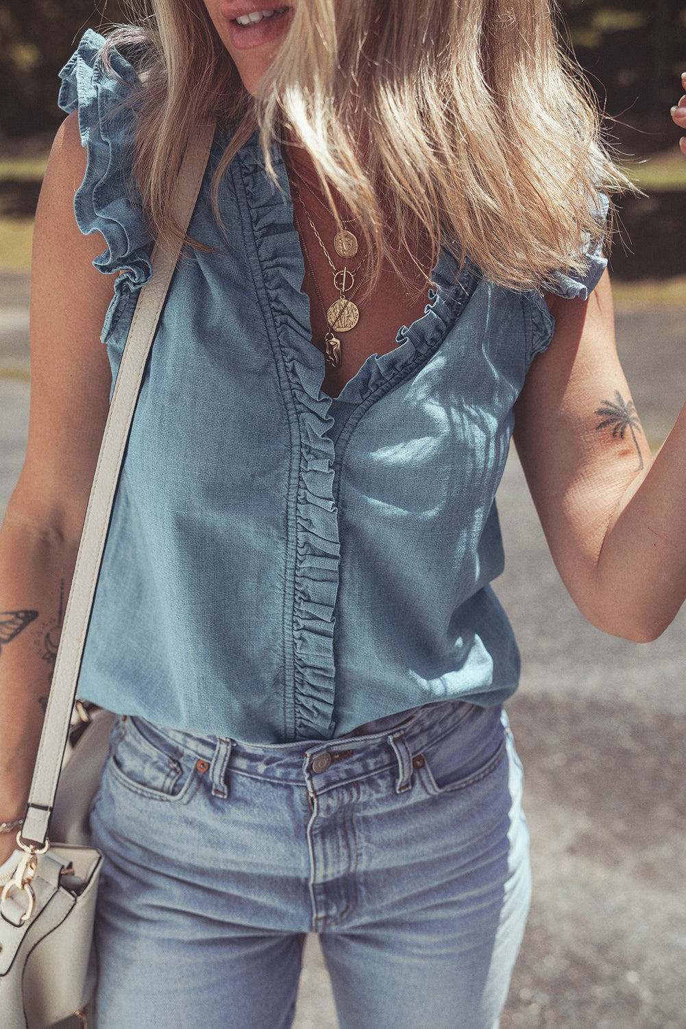 Light Blue Ruffle Trim V-Neck Chambray Tank Top
