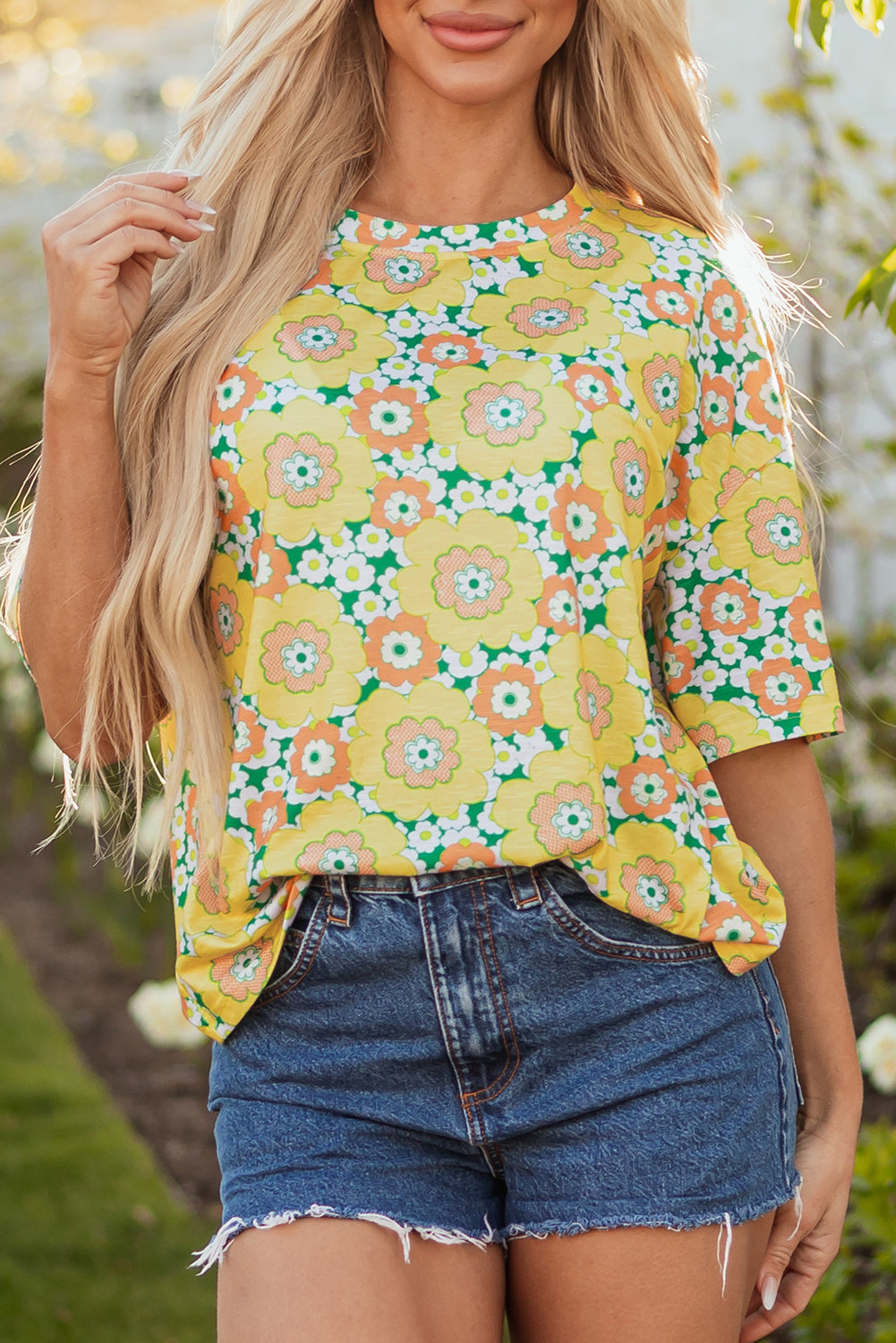 Yellow Flower Print Drop Shoulder Loose T-Shirt – Women's Casual Summer Top (S–XL)