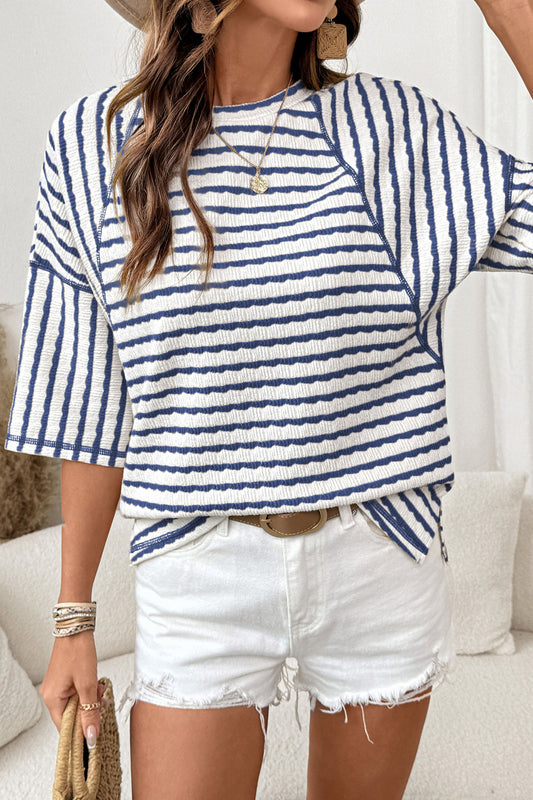 Textured Knit Split Hem Half Sleeve Loose Top | S–2XL | Blue Stripe & Brown Stripe