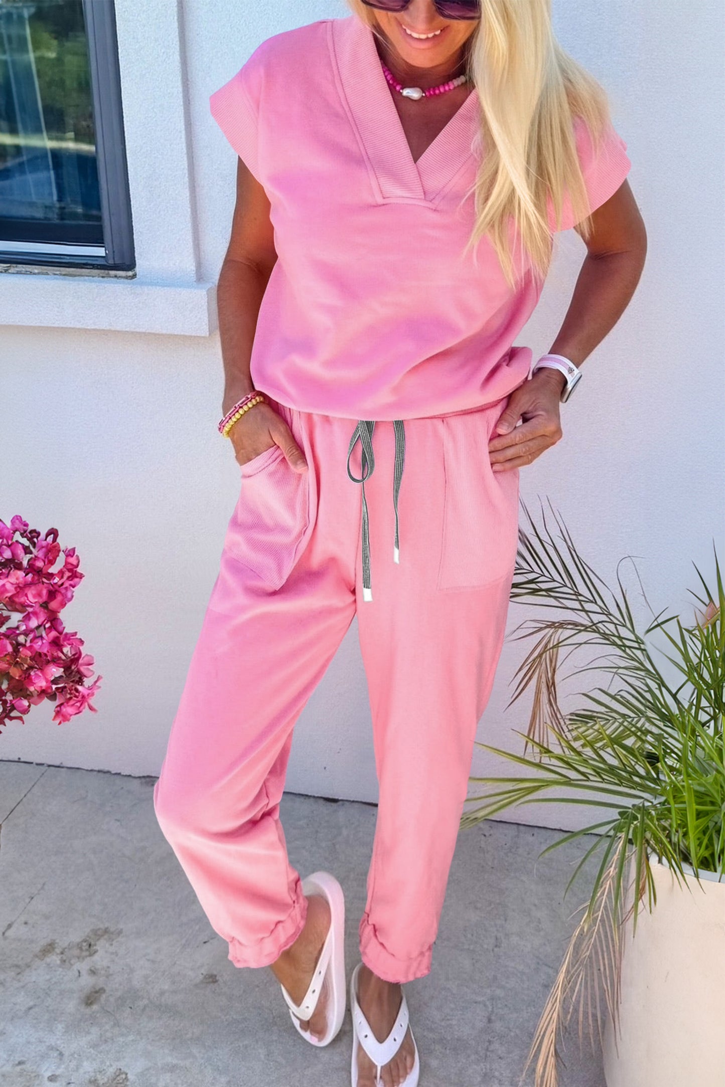 V-Neck Tee & Drawstring Pant Lounge Set | Pink, Mint, Apricot & Blue | S–XL