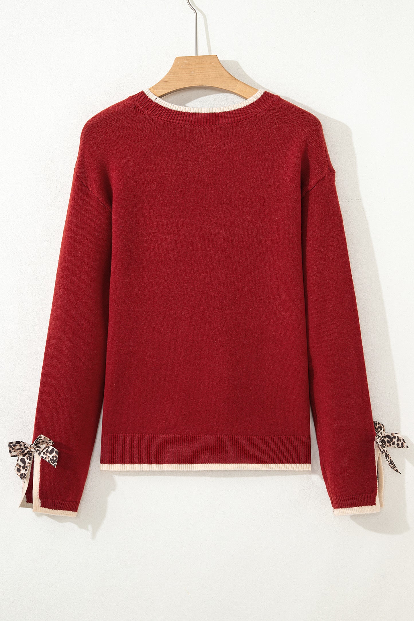 Leopard Bow Split Cuff Contrast Trim Sweater