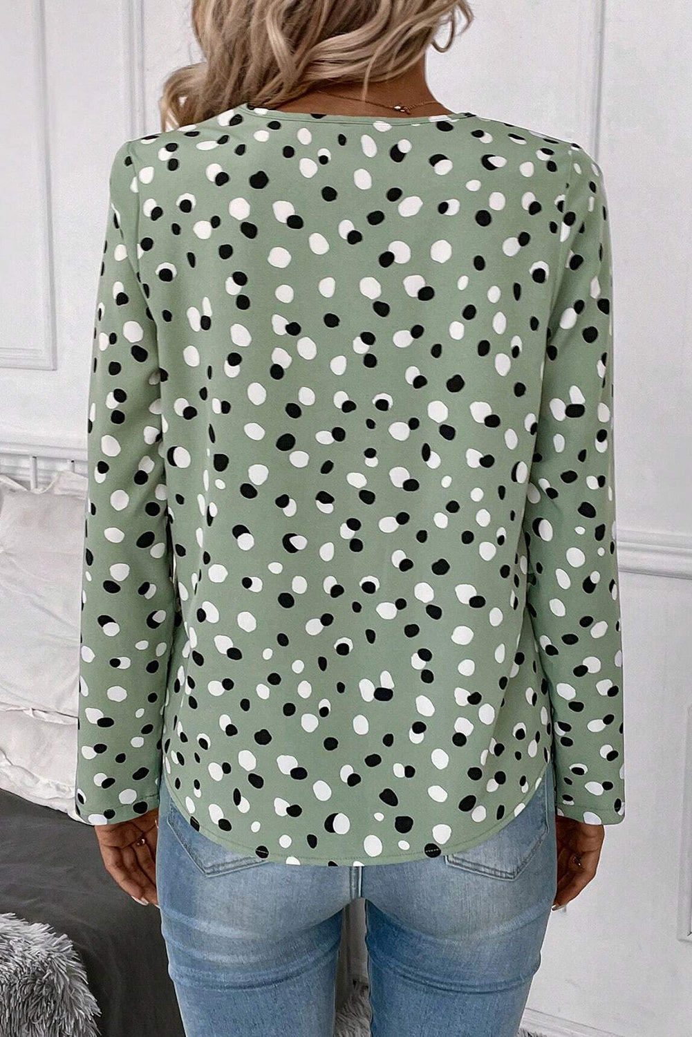 Polka Dot V-Neck Blouse – Sage & White Women S–XL