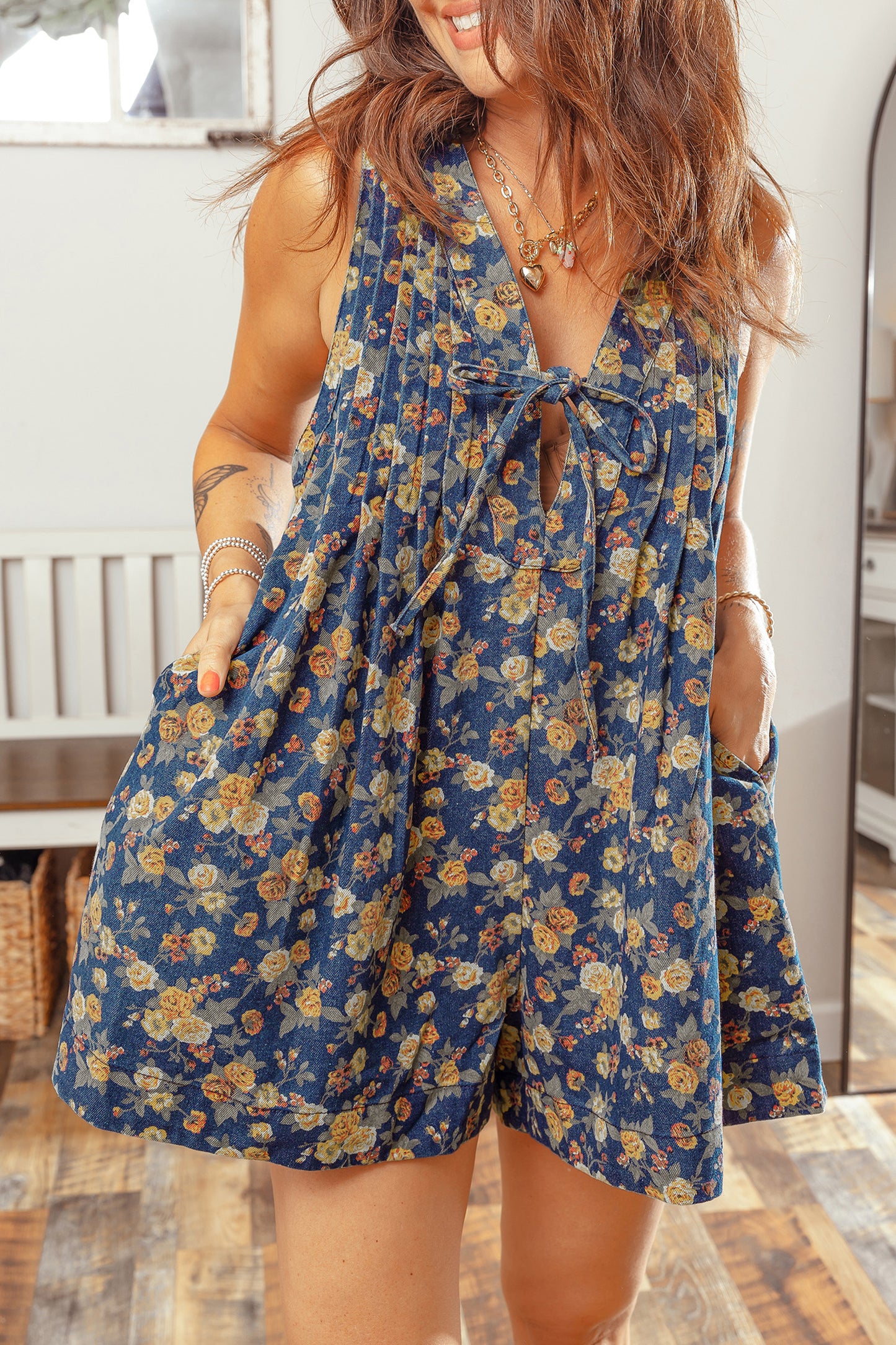 Floral Denim Romper with Bow Tie V-Neck – Women S–XL